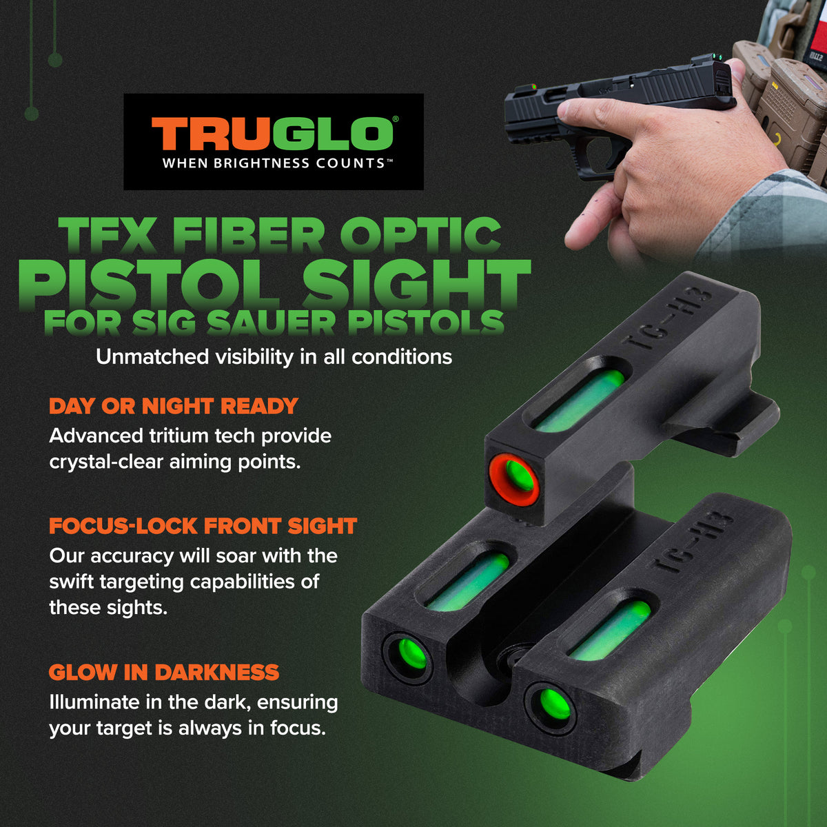 TruGlo Pro TFK TG13SG2PC Fiber Optic Tritium Handgun Pistol Sight, Sig Sauer