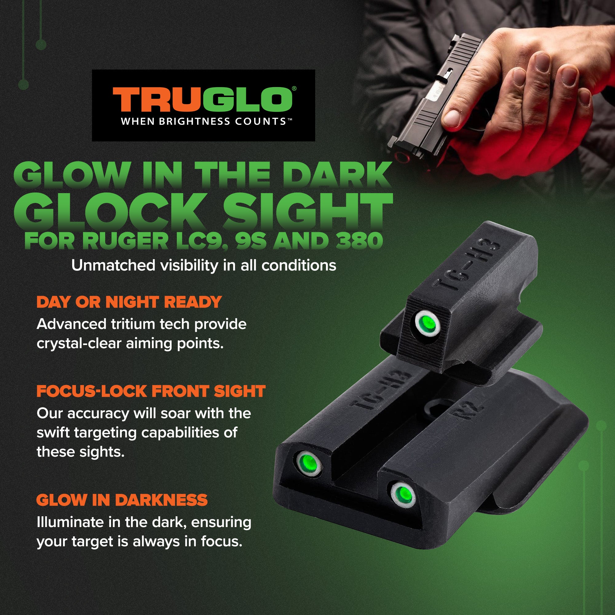 TruGlo Tritium Glow in the Dark High Set Pistol Sight, Ruger LC9, 9S and 380 - VMInnovations