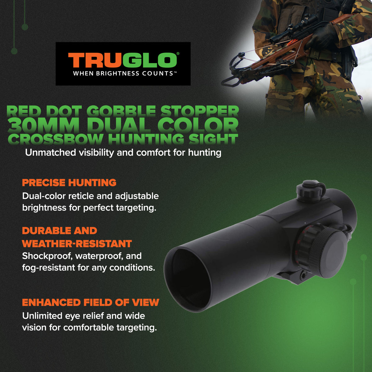 TruGlo Red Dot Gobble Stopper 30mm Dual Color Crossbow Hunting Sight, Black - VMInnovations