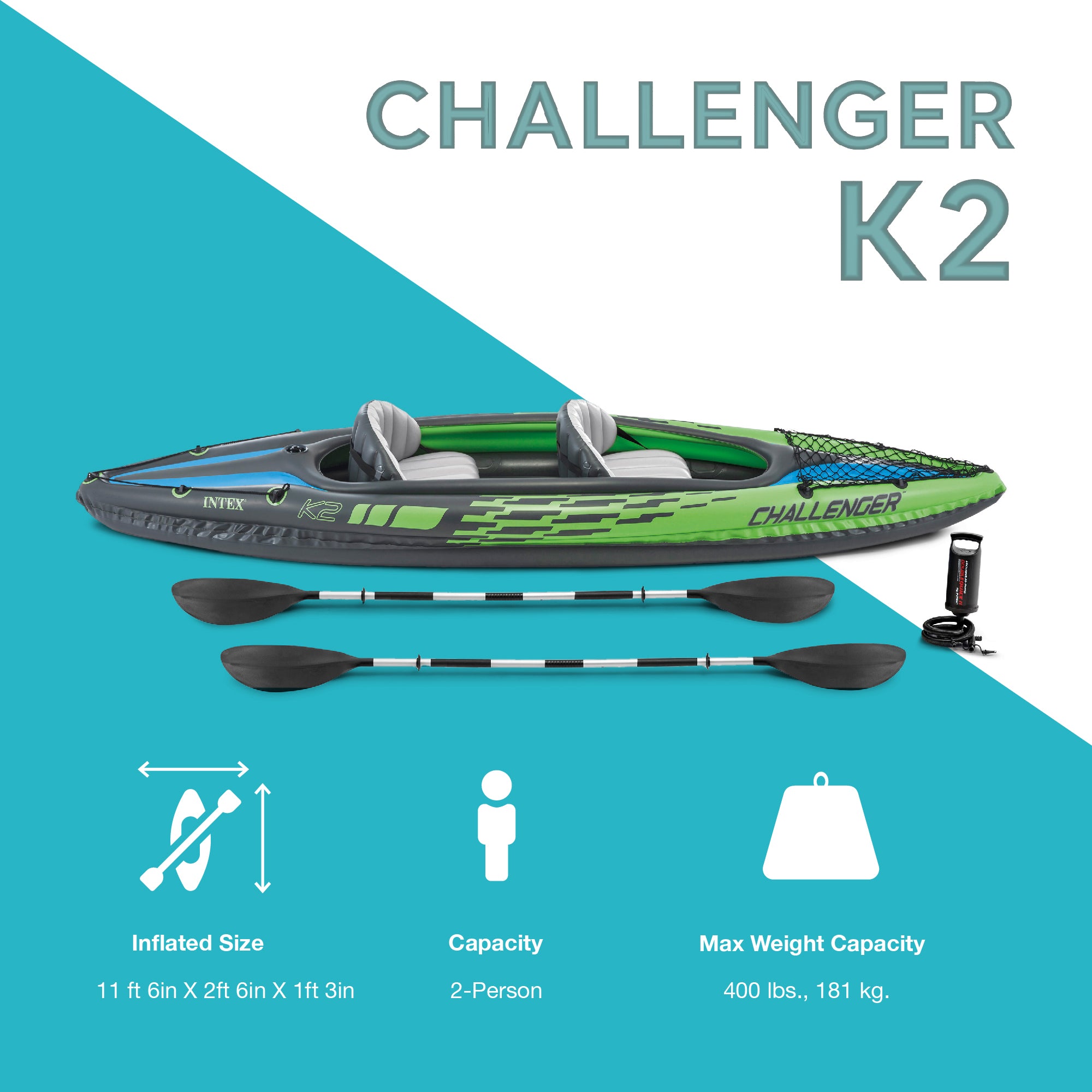 Intex Challenger K2 2-Person Inflatable Sporty Kayak + Oars And Pump (For Parts) - VMInnovations