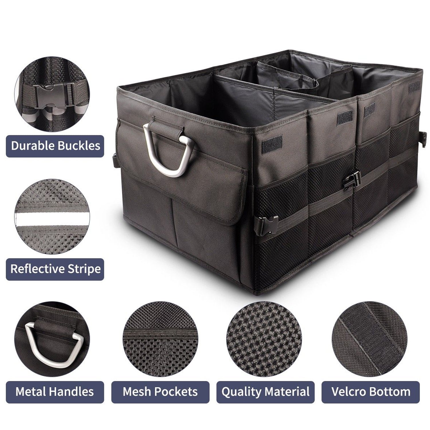 ISFC Car Trunk Organizer with Foldable Compartments and 2 Lids, Black (Open Box)