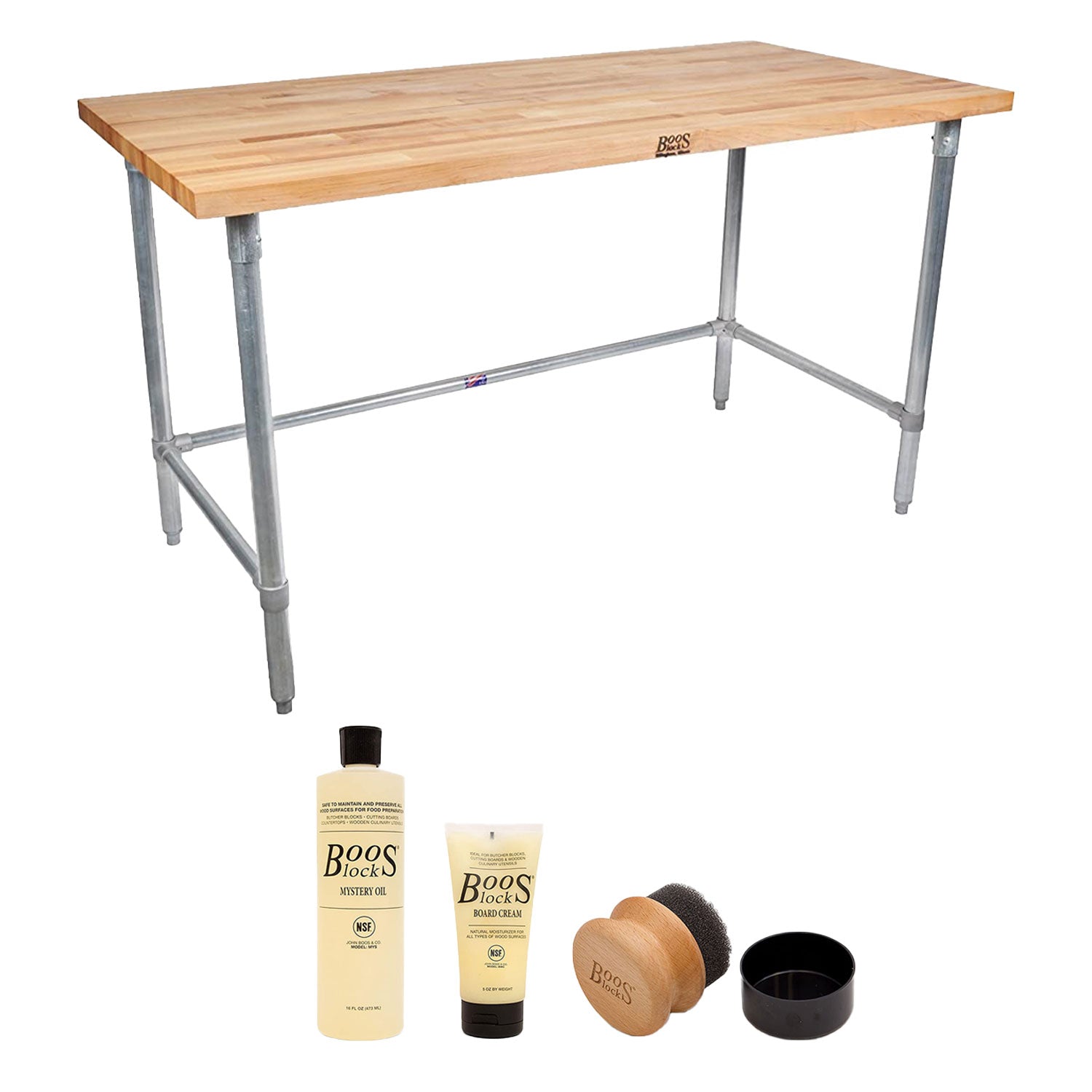 John Boos 60 Inch Maple Wood Work Table w/ Steel Base and Board Maintenance Set - VMInnovations