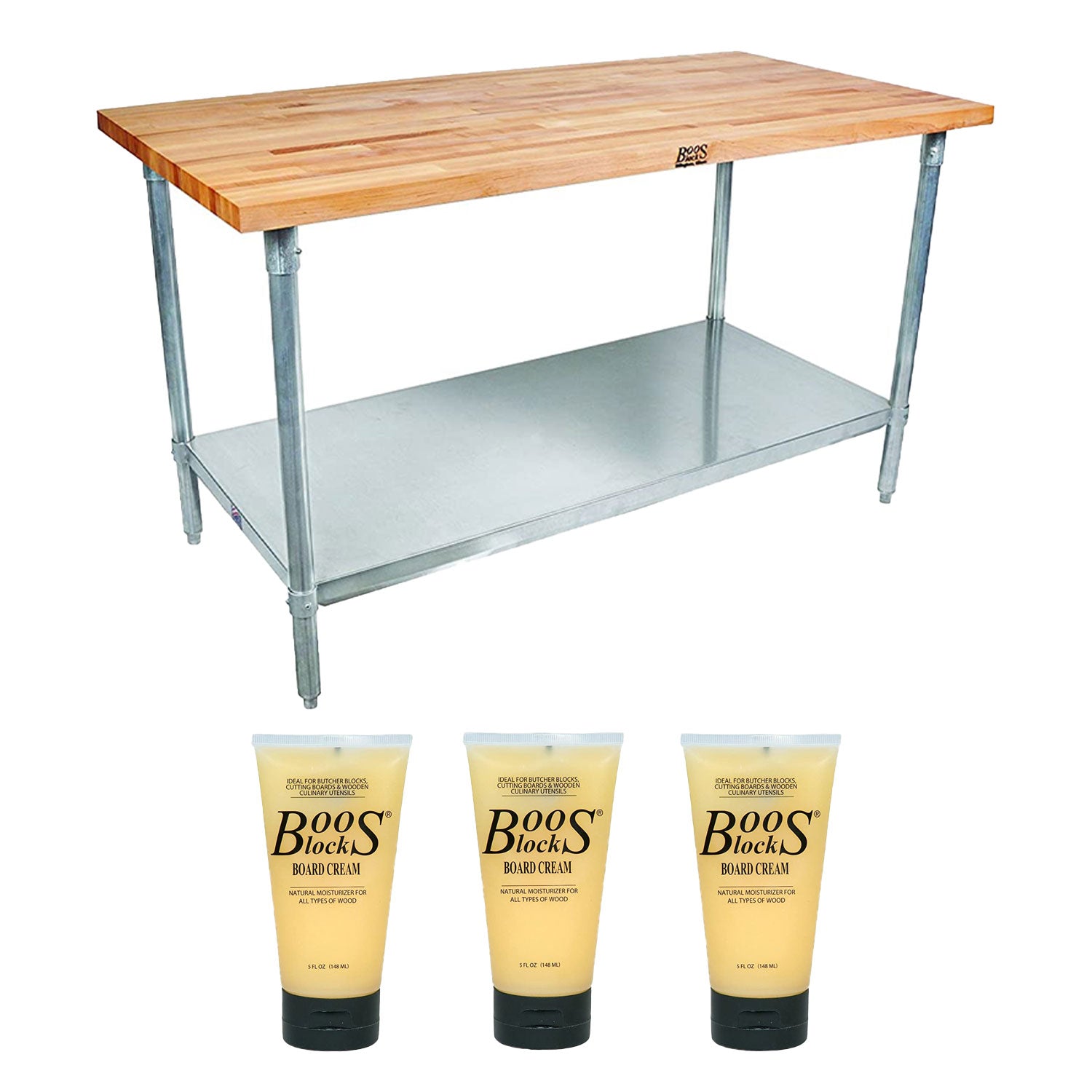 John Boos 48 Inch Maple Wood Work Table w/ Undershelf and Care Cream (3 Pack) - VMInnovations