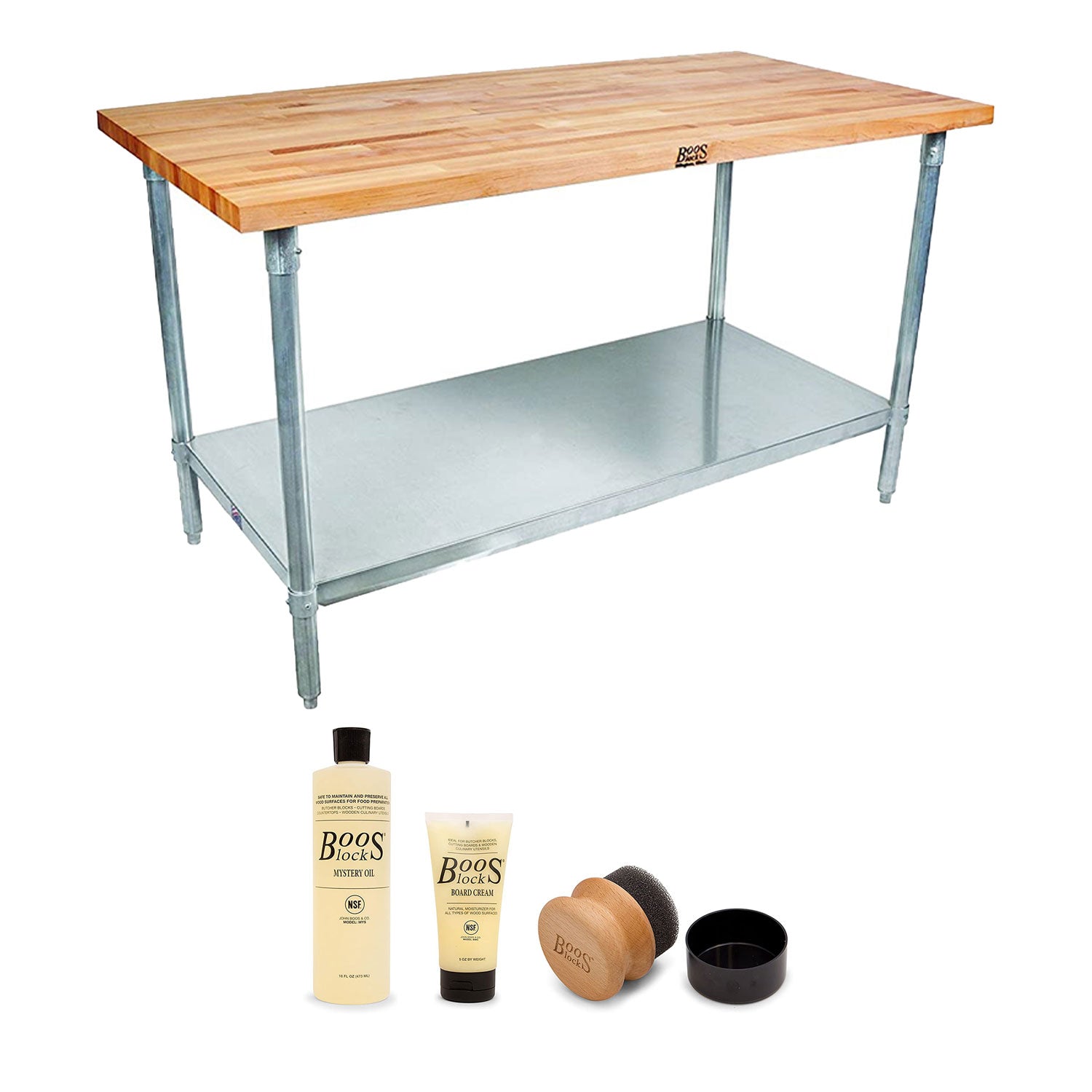 John Boos 48 Inch Maple Wood Work Table with Shelf and Board Maintenance Set - VMInnovations