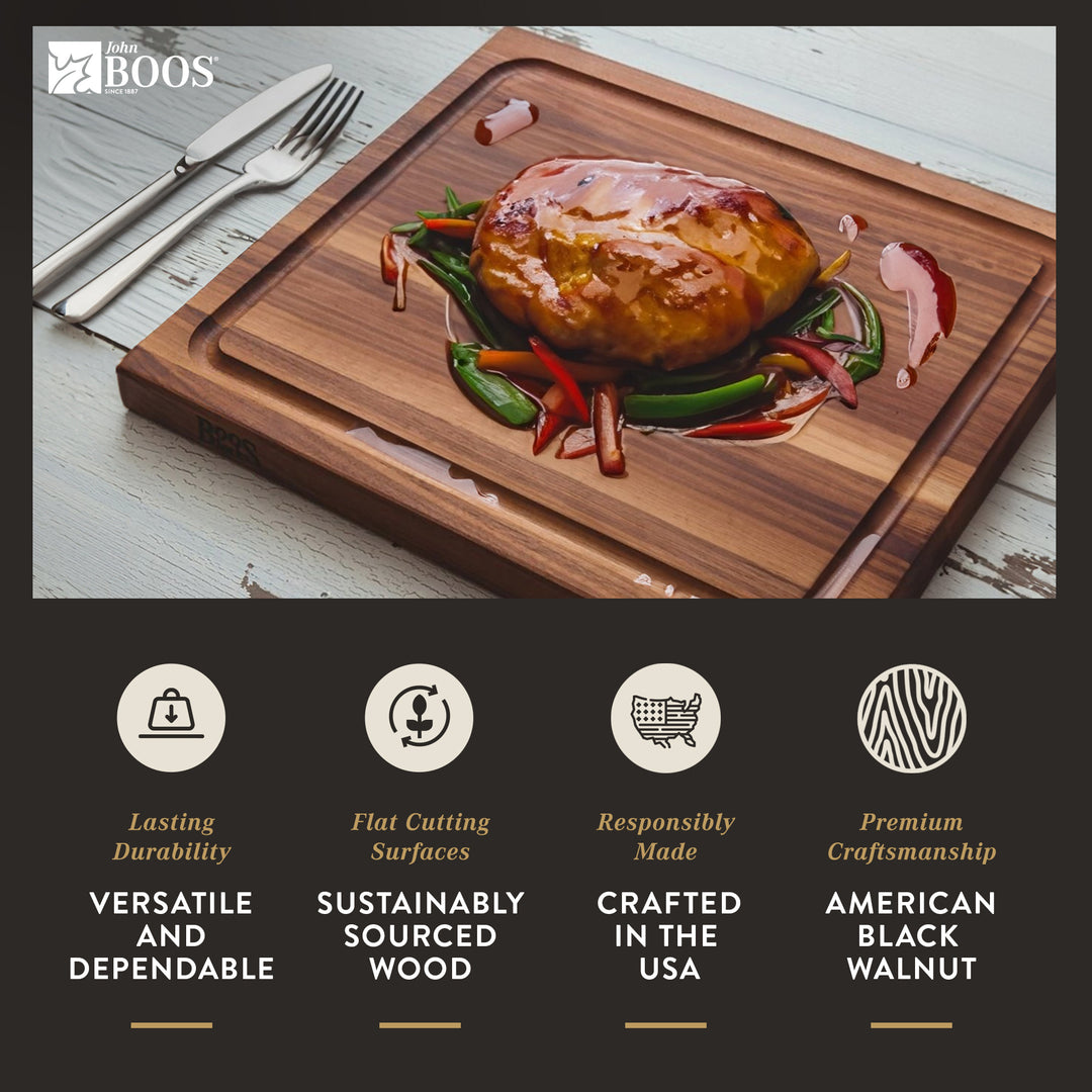 John Boos Walnut Wood Juice Groove Cutting Board w/ Boos Block Maintenance Set - VMInnovations
