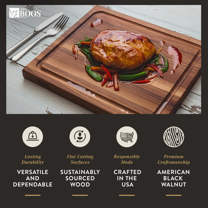 John Boos Walnut Wood Juice Groove Cutting Board w/ Boos Block Maintenance Set - VMInnovations