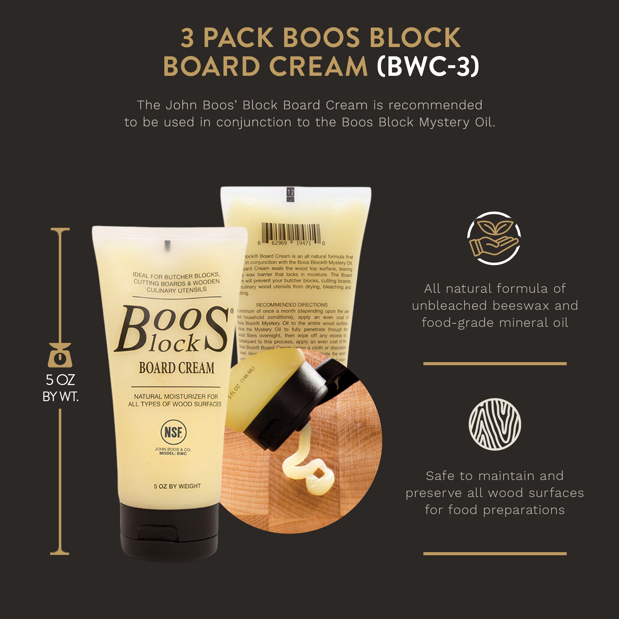 John Boos Block Wooden Board Natural Moisture Cream and Mystery Oil (6 Pack)