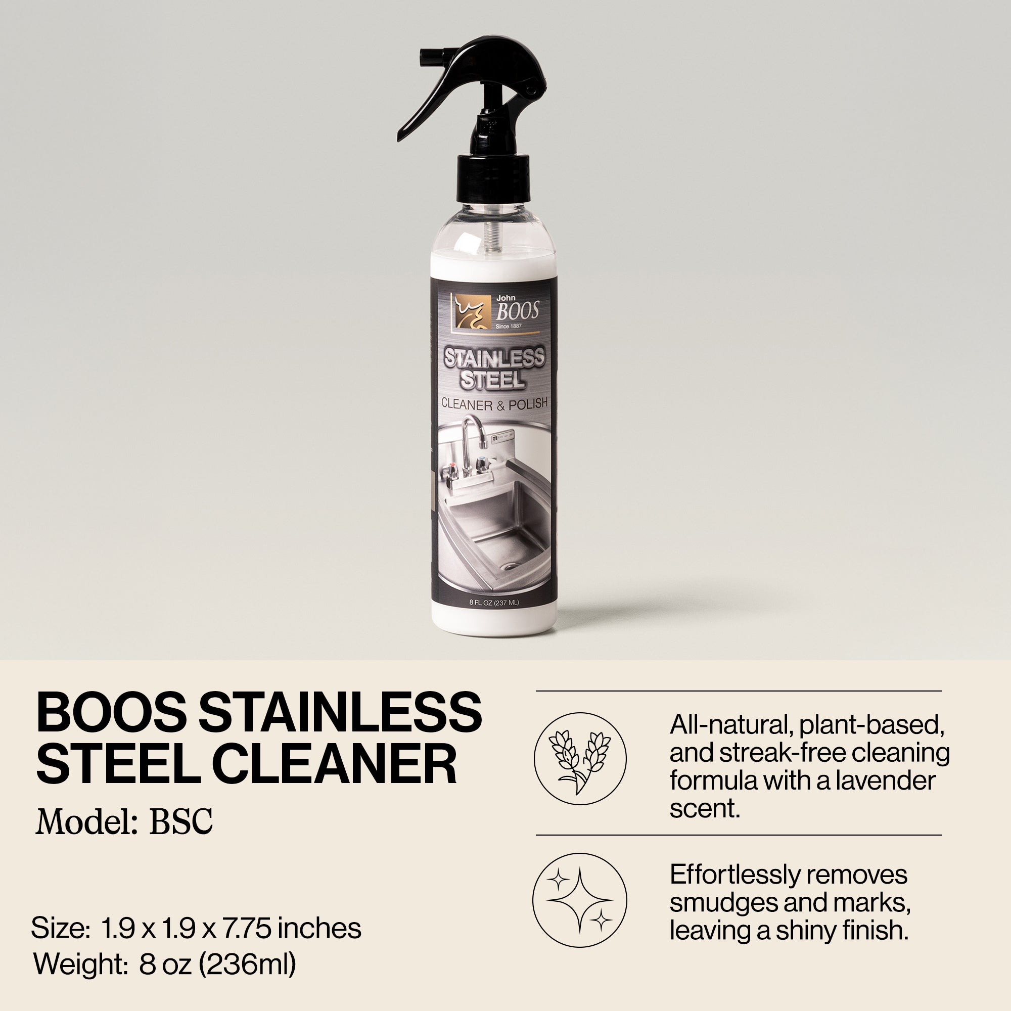 John Boos All Natural 8Oz Bottle Stainless Steel Surface Cleaner/Polish(Open Box - VMInnovations