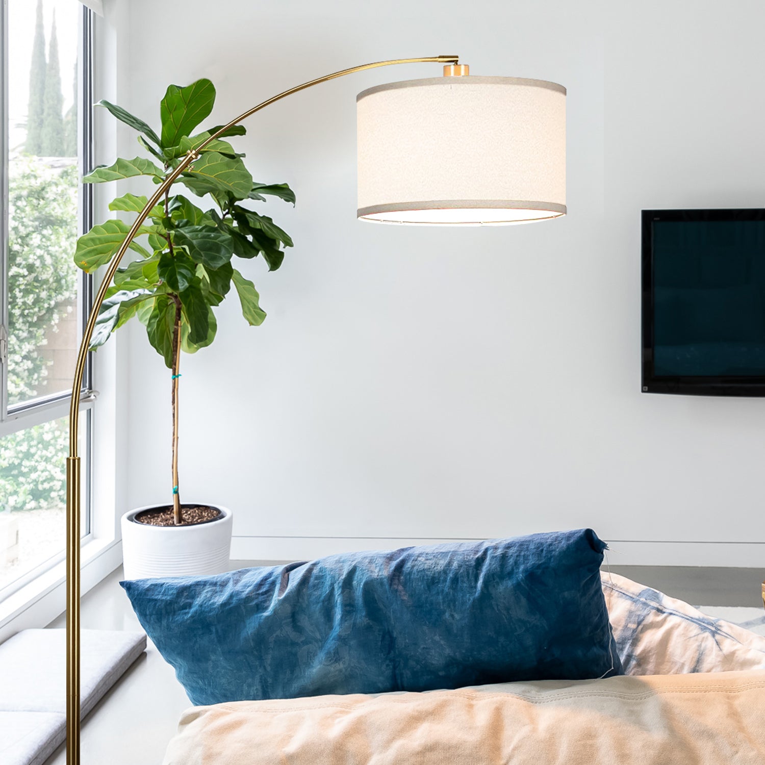 Brightech Logan Arc Floor Lamp w/ LED Bulb & Drum Shade, Antique Brass(Open Box) - VMInnovations