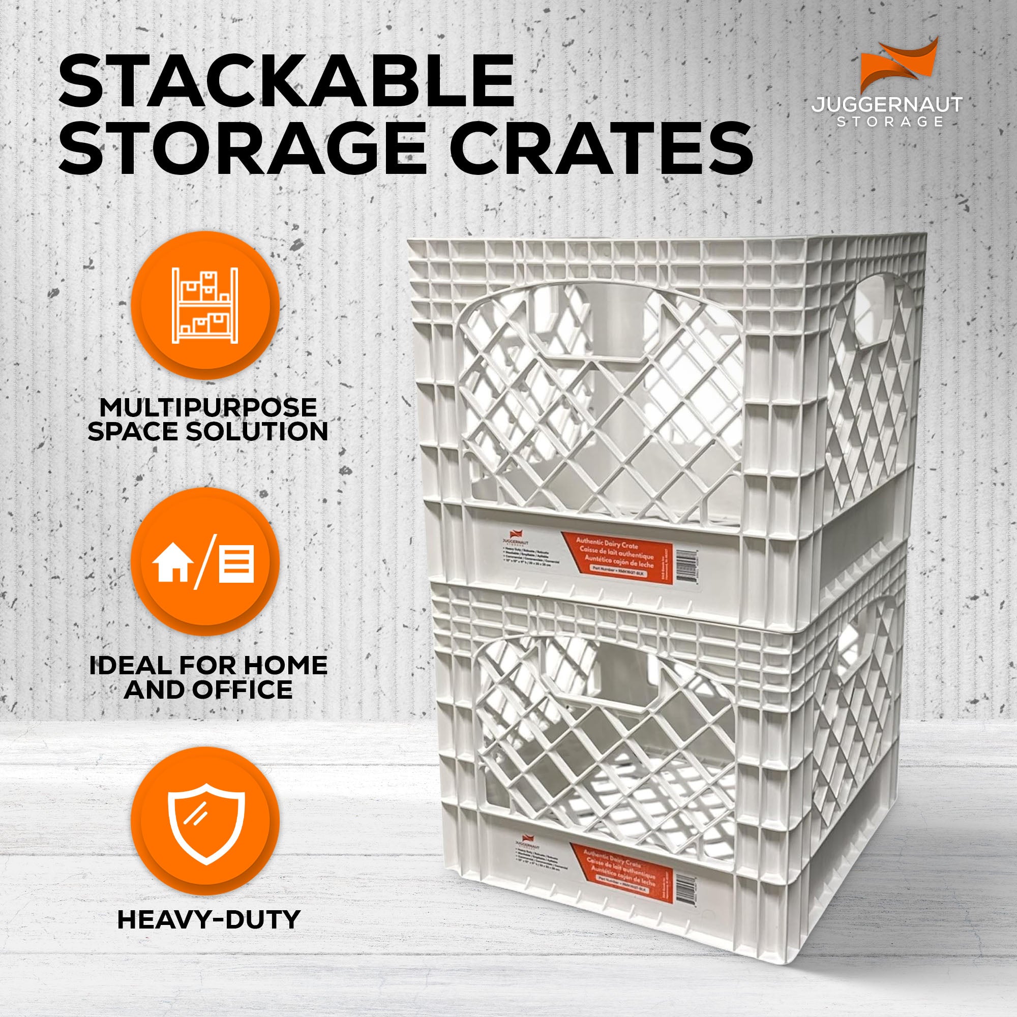 Juggernaut 18 Qt Storage Milk Crates Plastic Stackable Containers, White, 2 Pack - VMInnovations