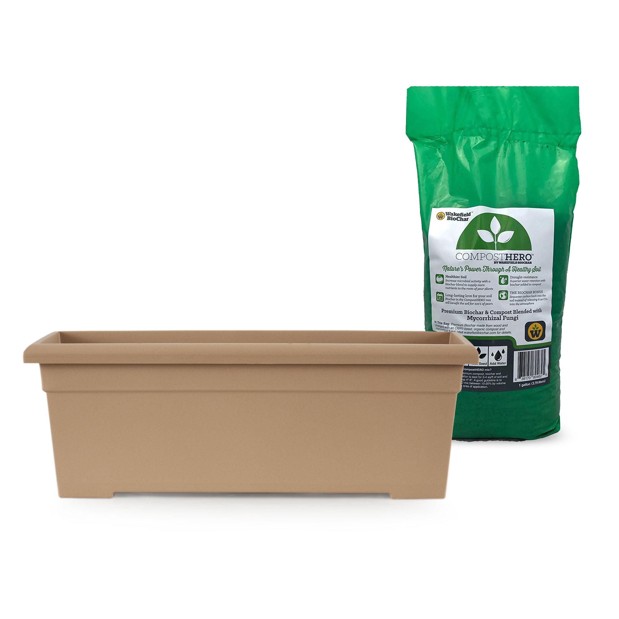 Akro Mils 28in Plastic Romana Planter, Sandstone & Wakefield HERO 1gal Compost