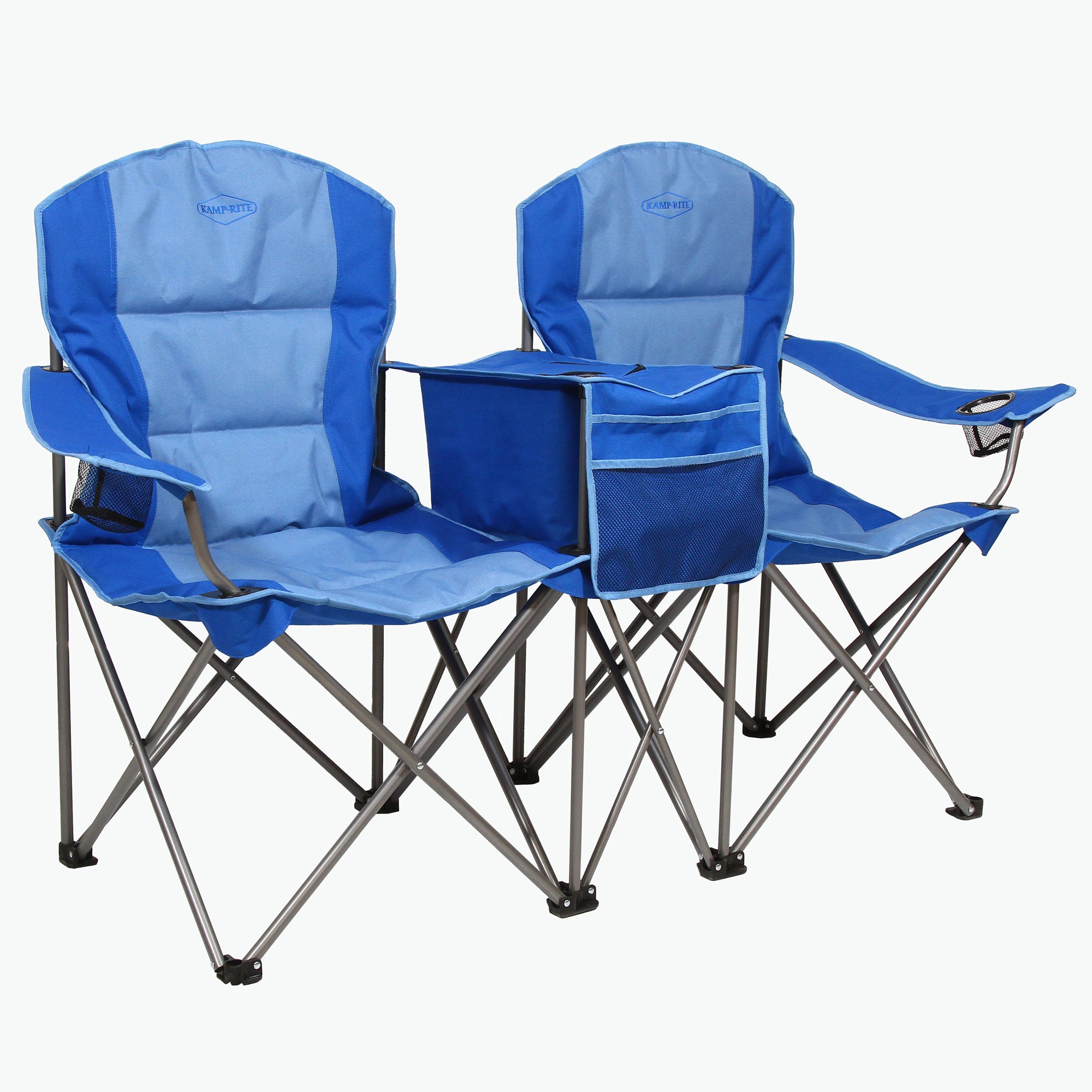 Kamp-Rite Double Folding Camp Chair w/Center Cooler & Cupholders, Blue (2 Pack) - VMInnovations