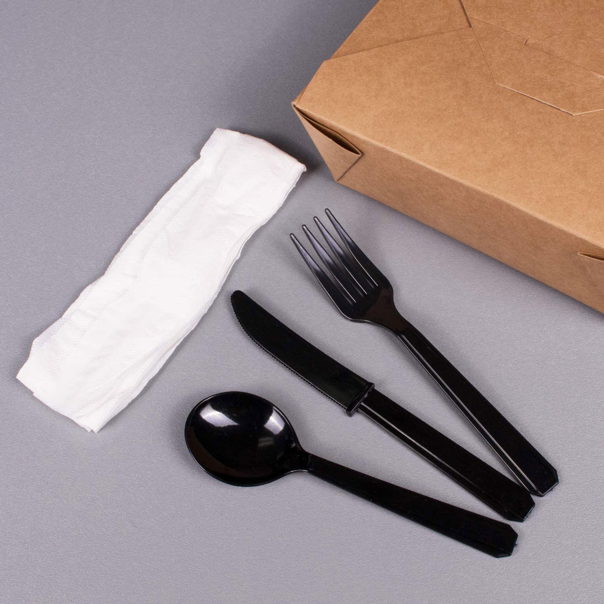 Karat Plastic Cutlery Kit with Knife, Spoon, Fork, and Napkin, Black (250 Pack)