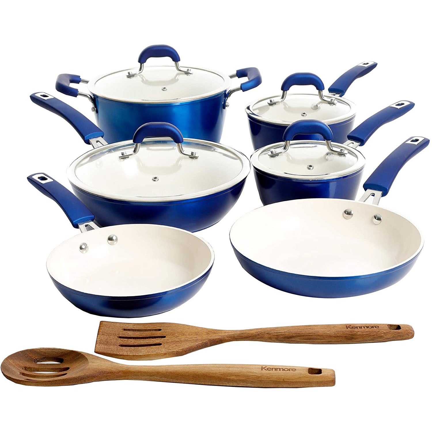 Kenmore Arlington 12 Piece Nonstick Ceramic Cookware and Accessory Set, Blue