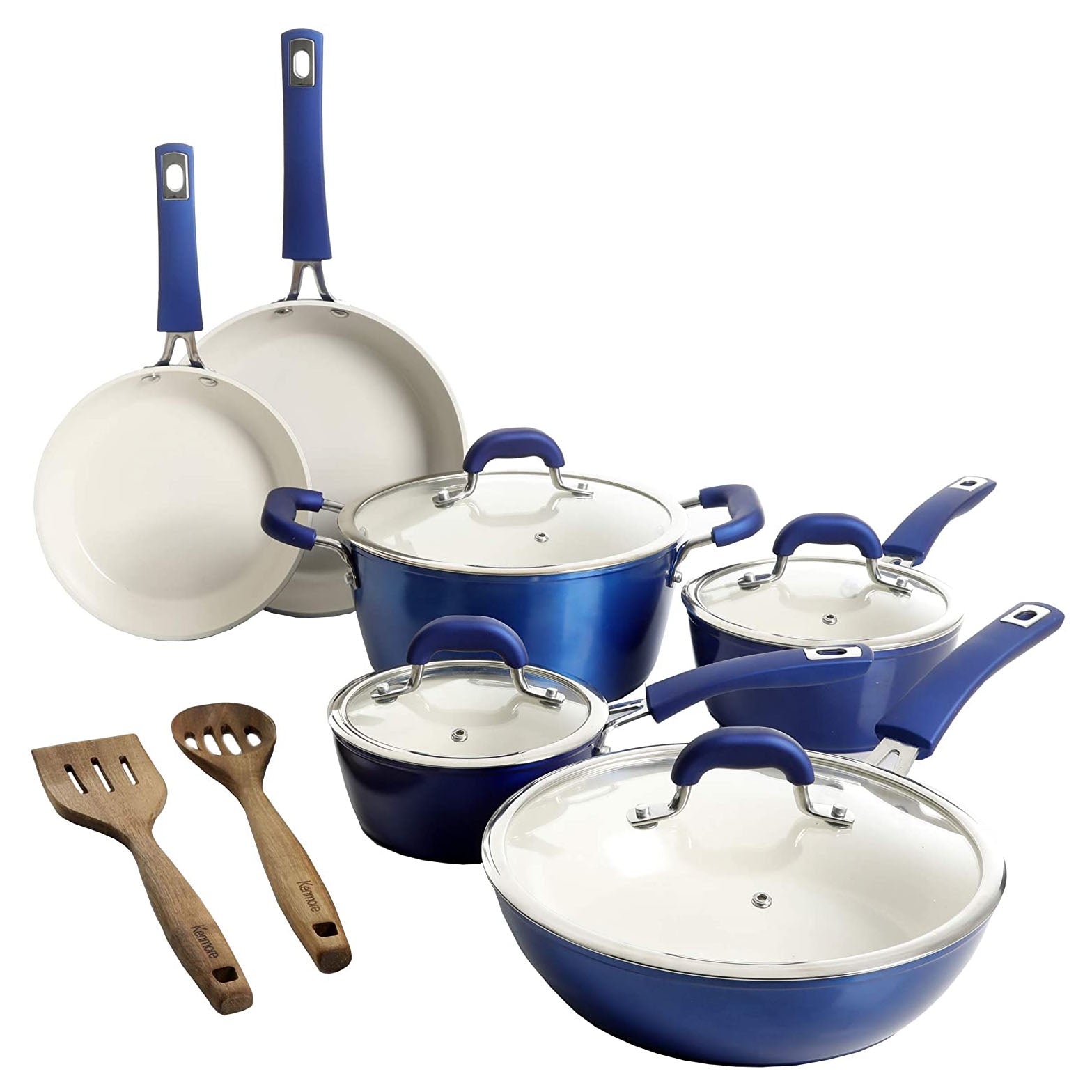 Kenmore Arlington 12 Piece Nonstick Ceramic Cookware and Accessory Set, Blue