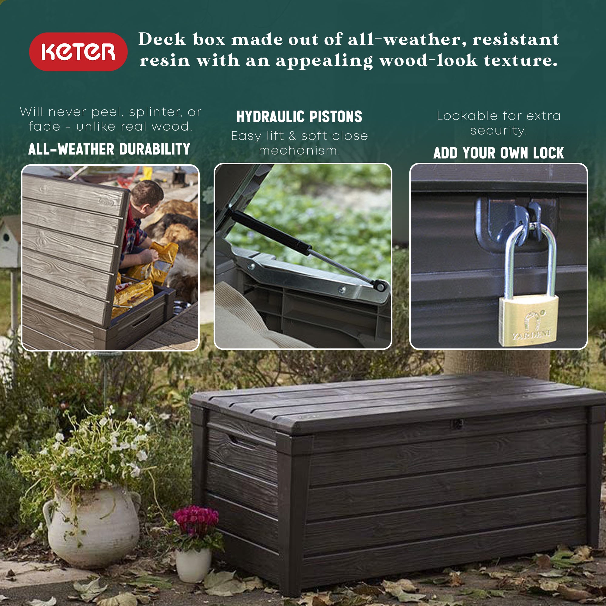 Keter Weatherproof Large 120 Gallon Pool Storage Deck Box, Brown (Open Box) - VMInnovations