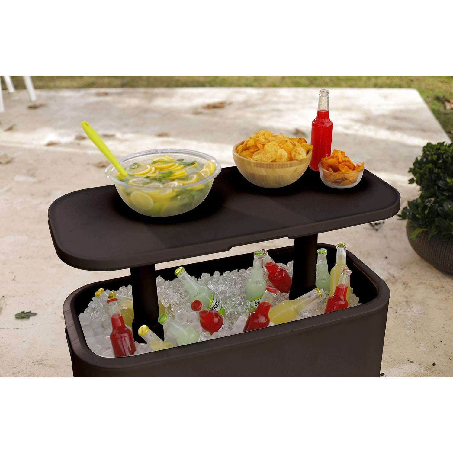 Keter Breeze Bar 17 Gallon Cooler with Pop-Up Table Top Bar Cart, Espresso Brown - VMInnovations