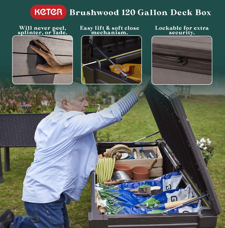Keter Brushwood 120 Gallon Resin Outdoor Deck Storage Box for Yard Tools, Brown - VMInnovations