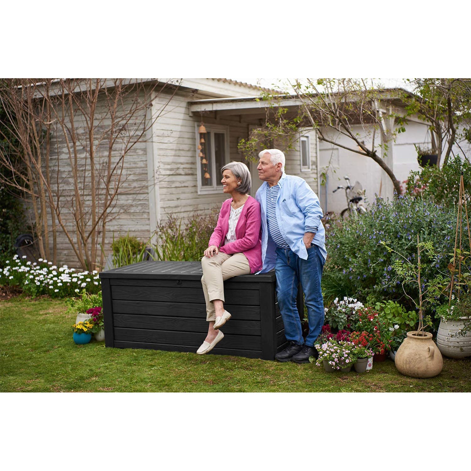 Keter Westwood 150 Gallon Plastic Outdoor Furniture Storage Deck Box, Dark Gray - VMInnovations