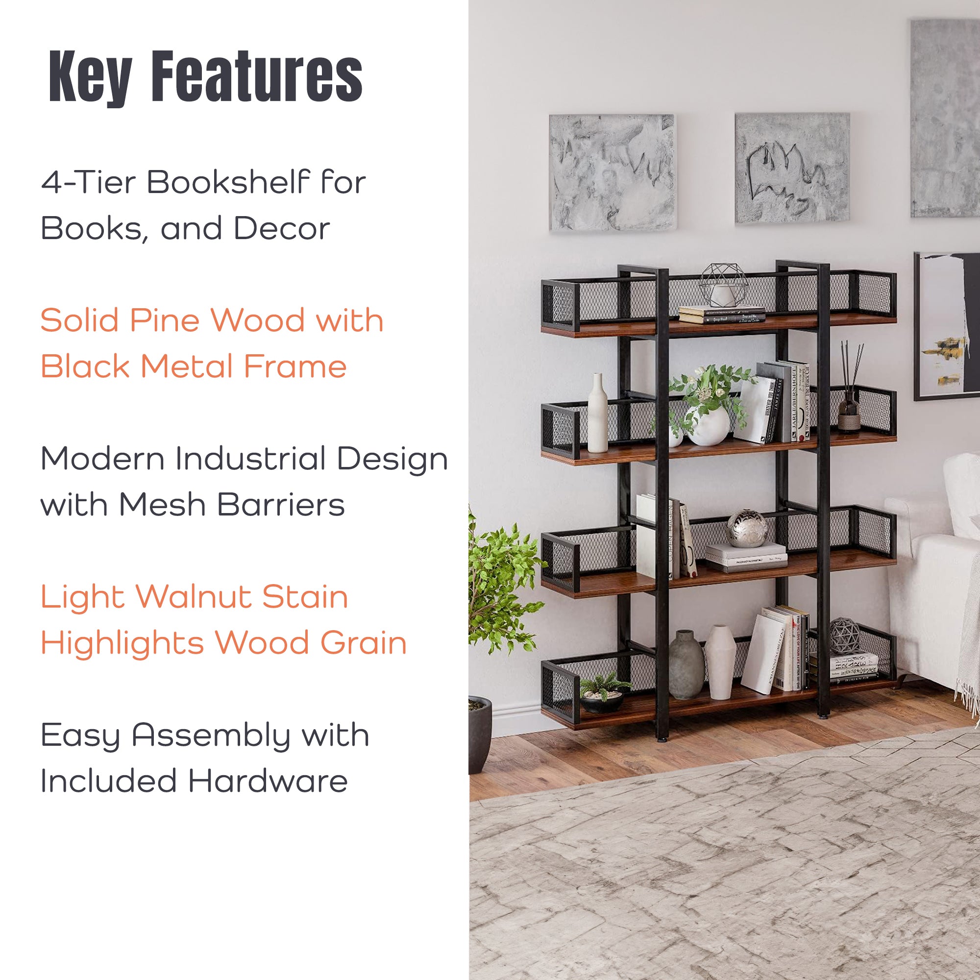 Sturdis 4 Tier Solid Wood Metal Industrial Bookshelf with Mesh Barriers, Black - VMInnovations