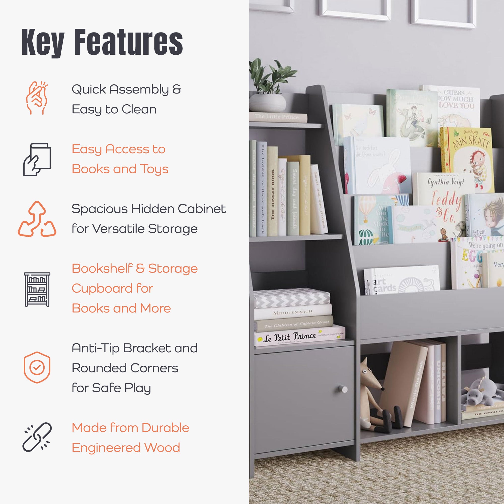 Sturdis Modern Round Edge Wooden Durable Kids Bookshelf with Step Shelves, Gray - VMInnovations