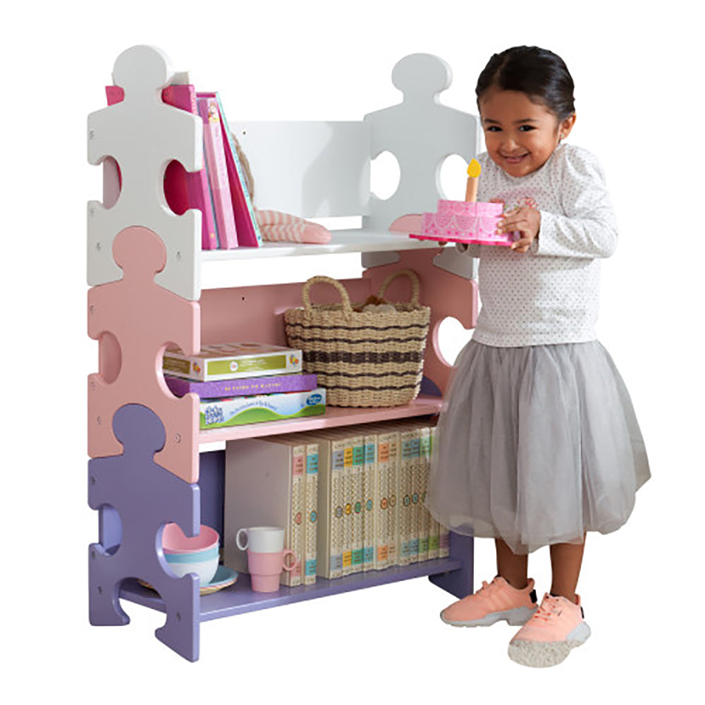 KidKraft Cute Wooden 3 Shelf Kids Puzzle Piece Bookcase, Pink & Purple(Open Box)