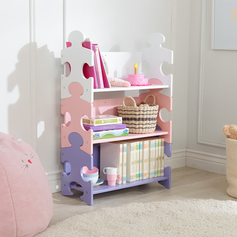 KidKraft Cute Wooden 3 Shelf Kids Puzzle Piece Bookcase, Pink & Purple(Open Box)