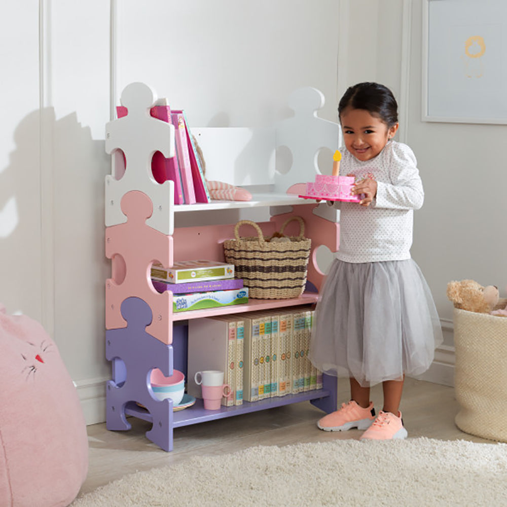 KidKraft Cute Wooden 3 Shelf Kids Puzzle Piece Bookcase, Pink & Purple(Open Box)