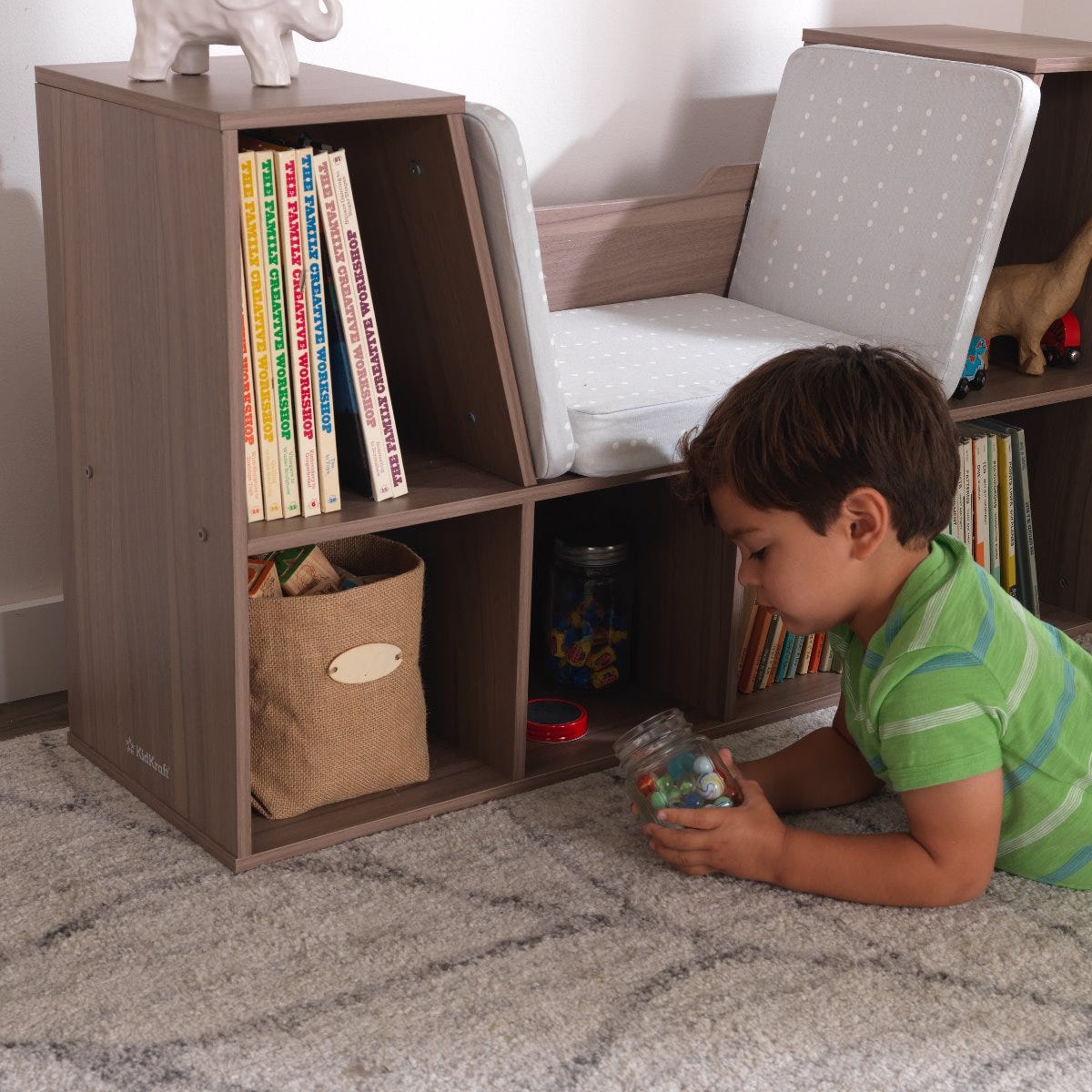 KidKraft Wooden Bookcase Storage Shelving Unit w/ Reading Nook, Gray (Open Box)