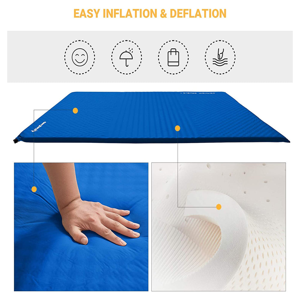 Double Self Inflating Camping Sleeping Mat Pad with 2 Pillows, Blue (Open Box) - VMInnovations