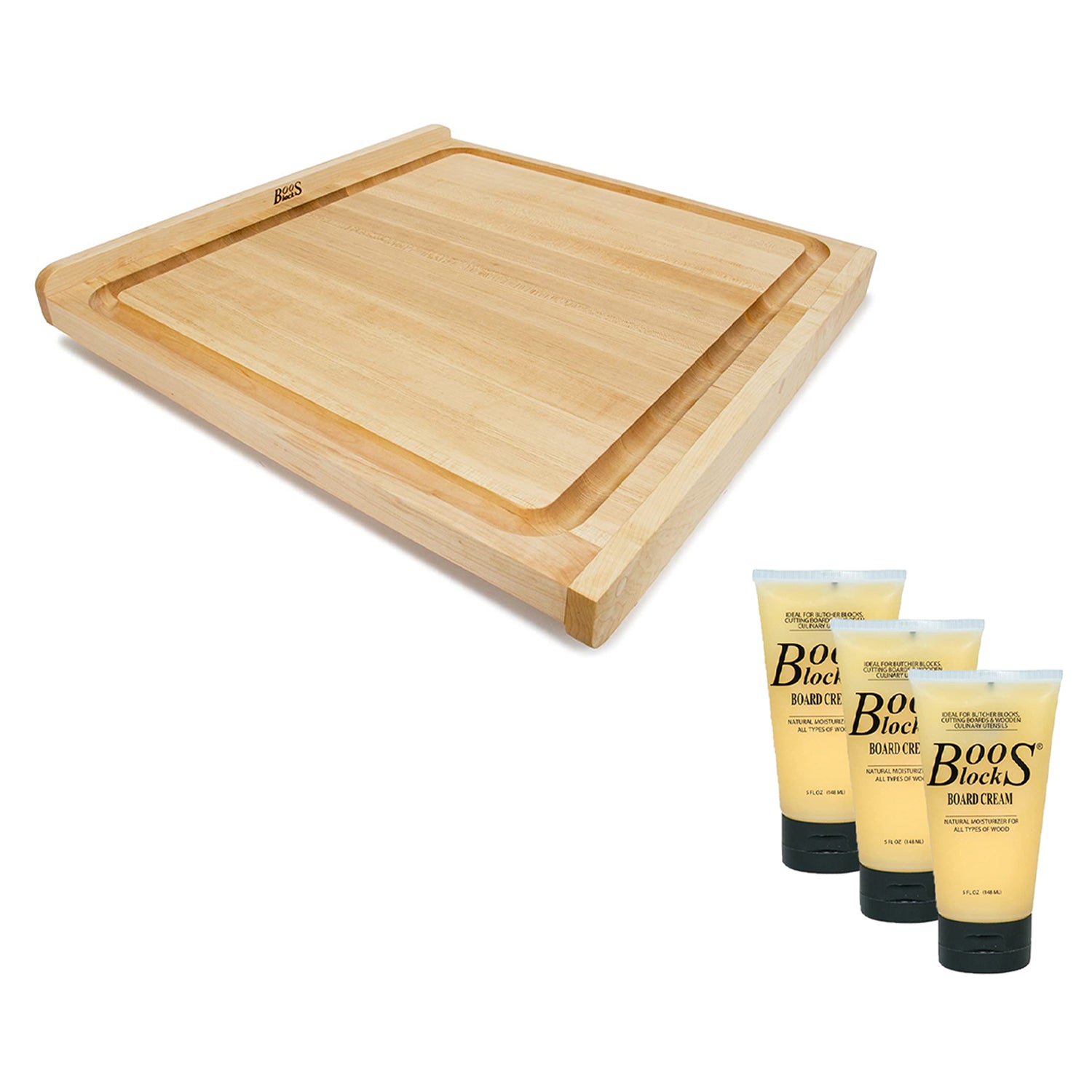 John Boos Block Maple Wood 23.75" Square Cutting Board and Moisture Cream Set - VMInnovations