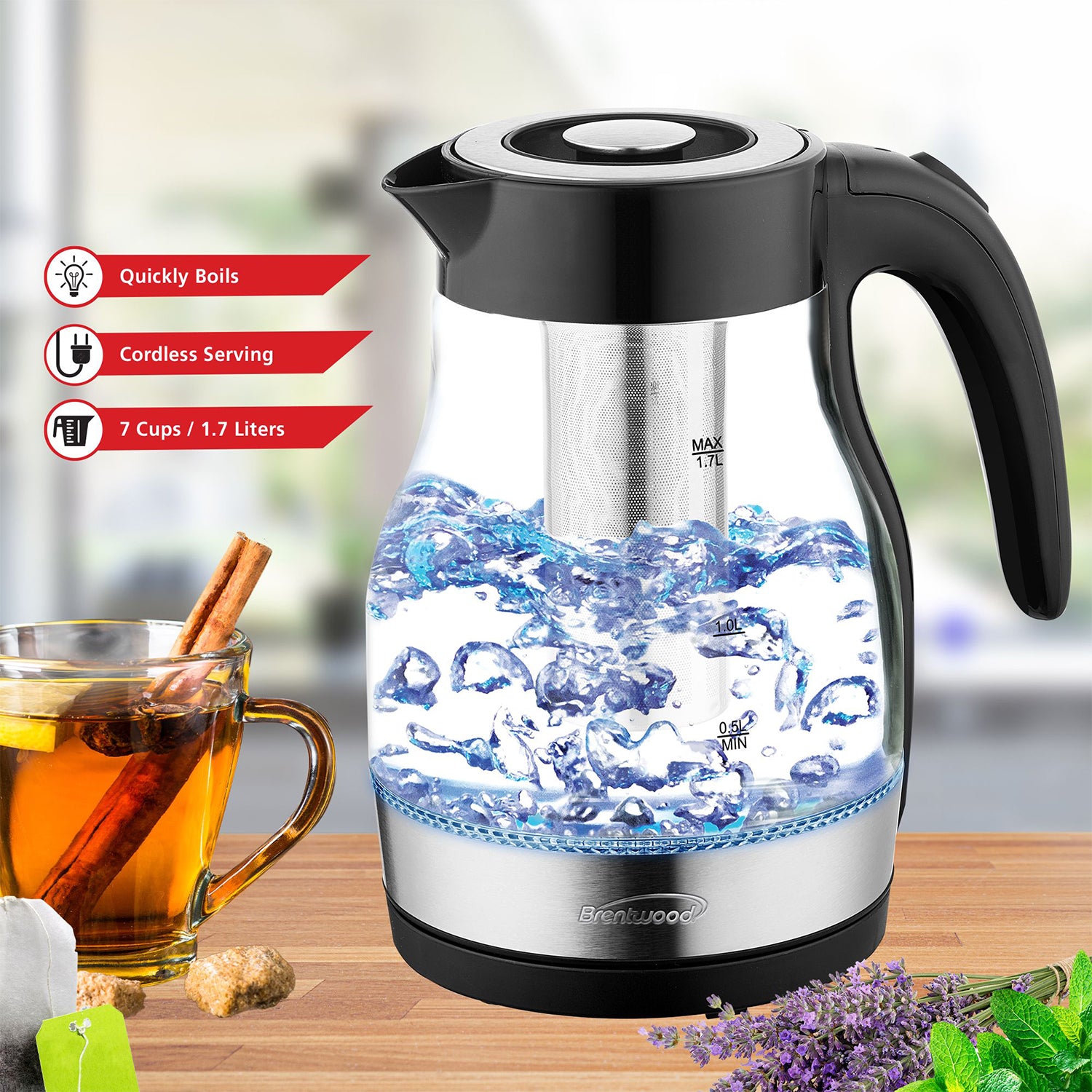 Brentwood 1.7L Cordless Electric Glass Tea Kettle Pot w/ Tea Infuser (Open Box) - VMInnovations