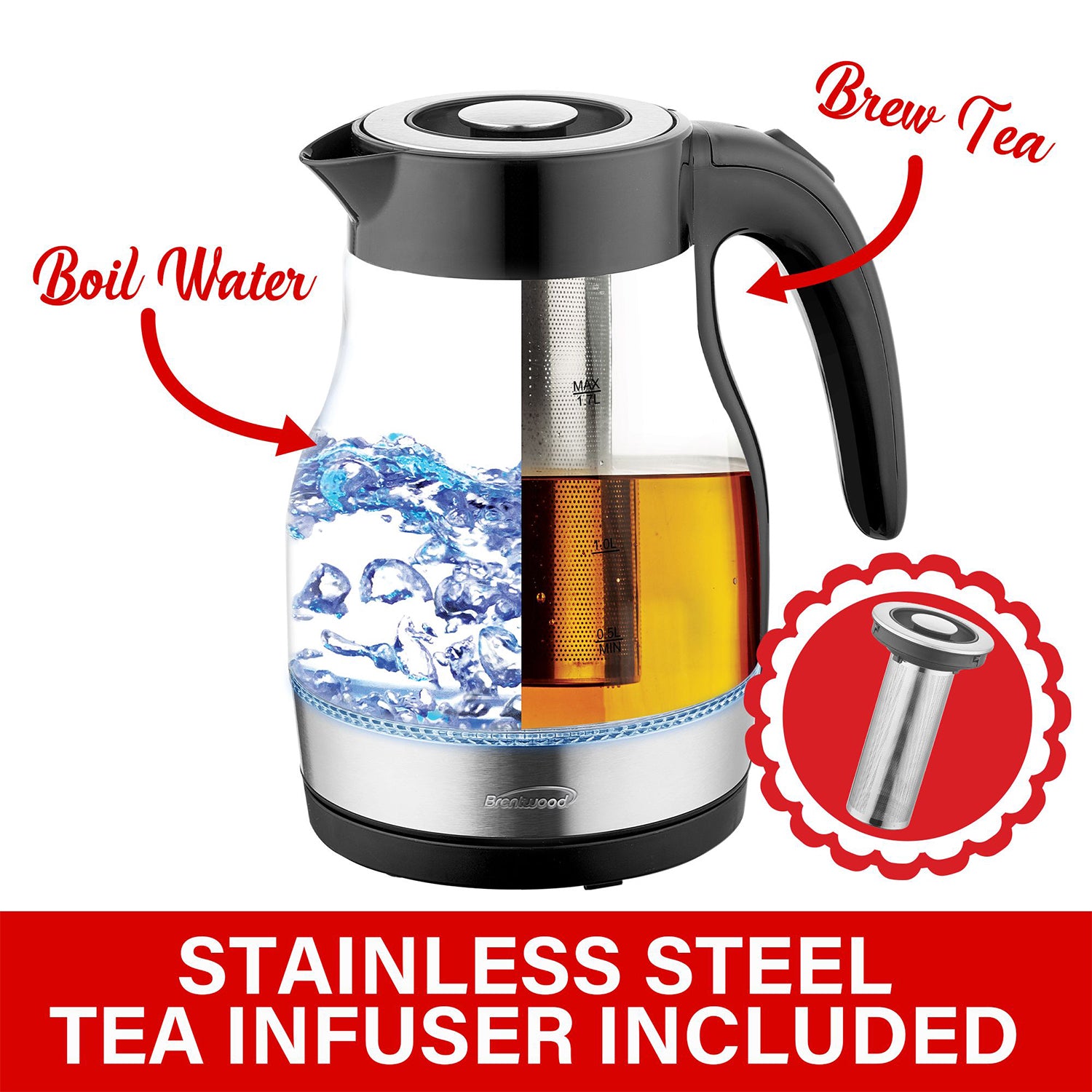 Brentwood 1.7L Cordless Electric Glass Tea Kettle Pot w/ Tea Infuser (Open Box) - VMInnovations
