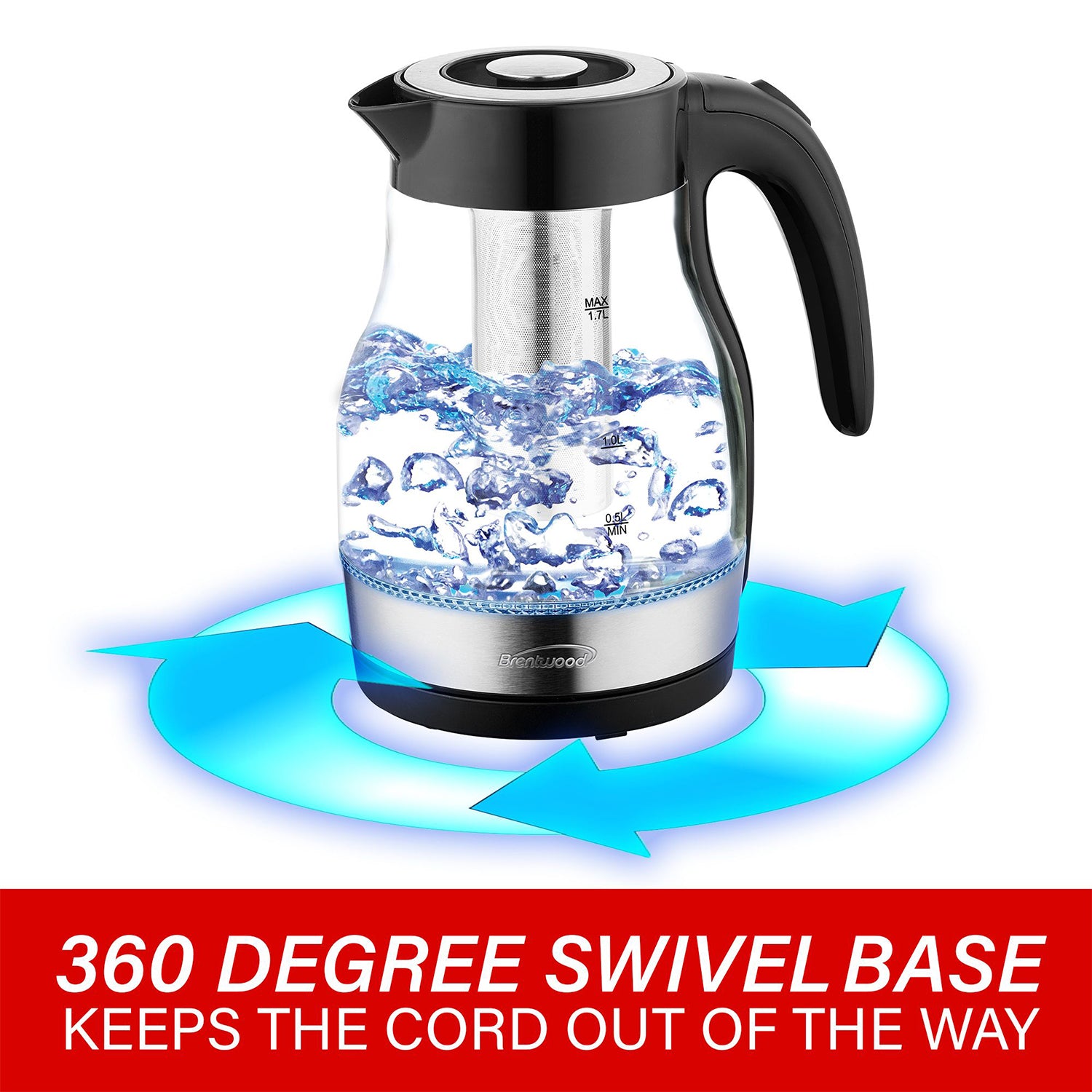 Brentwood 1.7L Cordless Electric Glass Tea Kettle Pot w/ Tea Infuser (Open Box) - VMInnovations