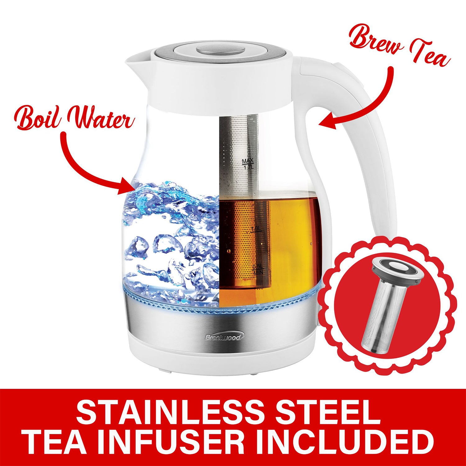 Brentwood 1.7L Cordless Electric Glass Tea Kettle Pot w/ Tea Infuser (Open Box) - VMInnovations