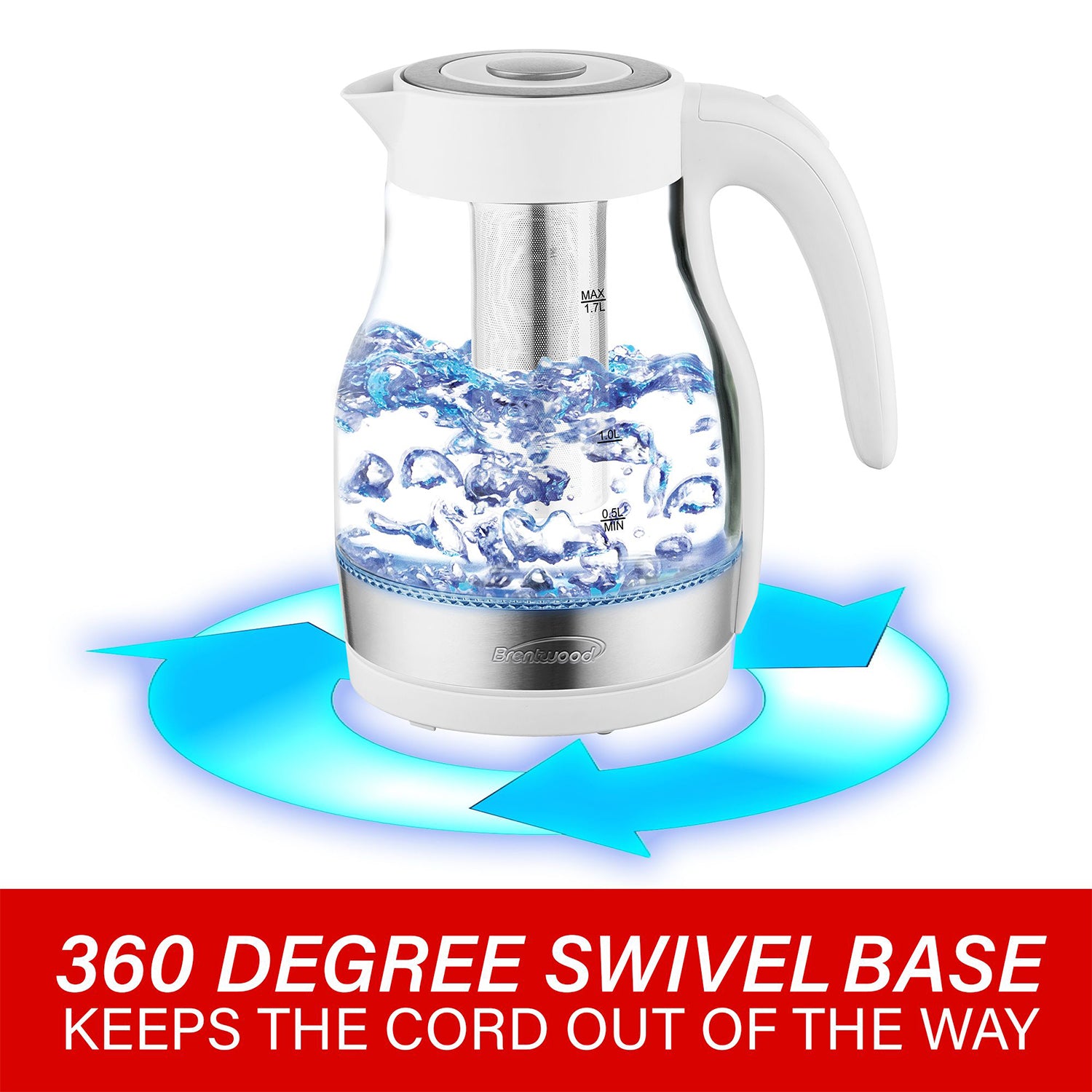 Brentwood 1.7L Cordless Electric Glass Tea Kettle Pot w/ Tea Infuser (Open Box) - VMInnovations