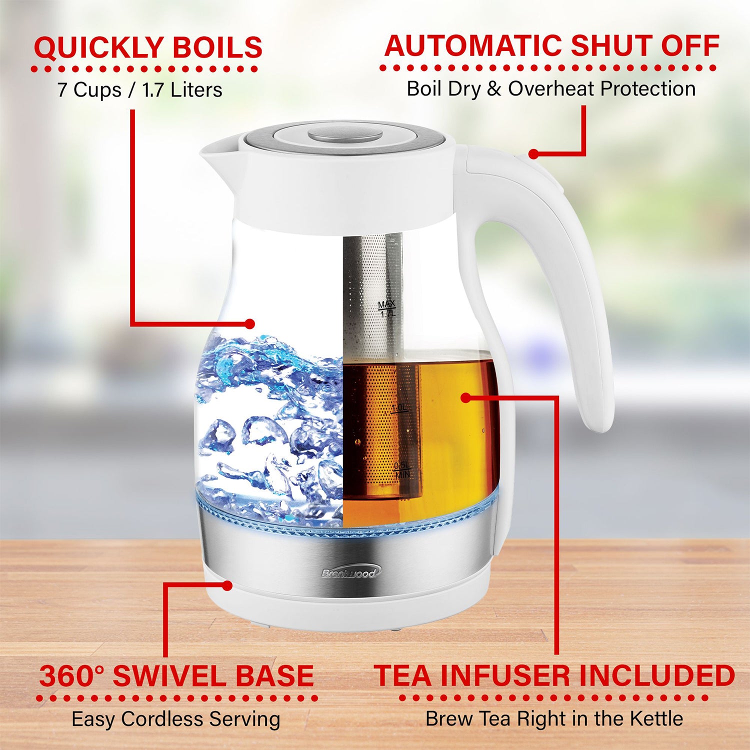 Brentwood 1.7L Cordless Electric Glass Tea Kettle Pot w/ Tea Infuser (Open Box) - VMInnovations