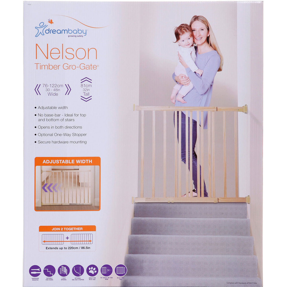 Dreambaby Nelson Swing Gro-Gate Expandable Wooden Baby Pet Safety Gate, Natural