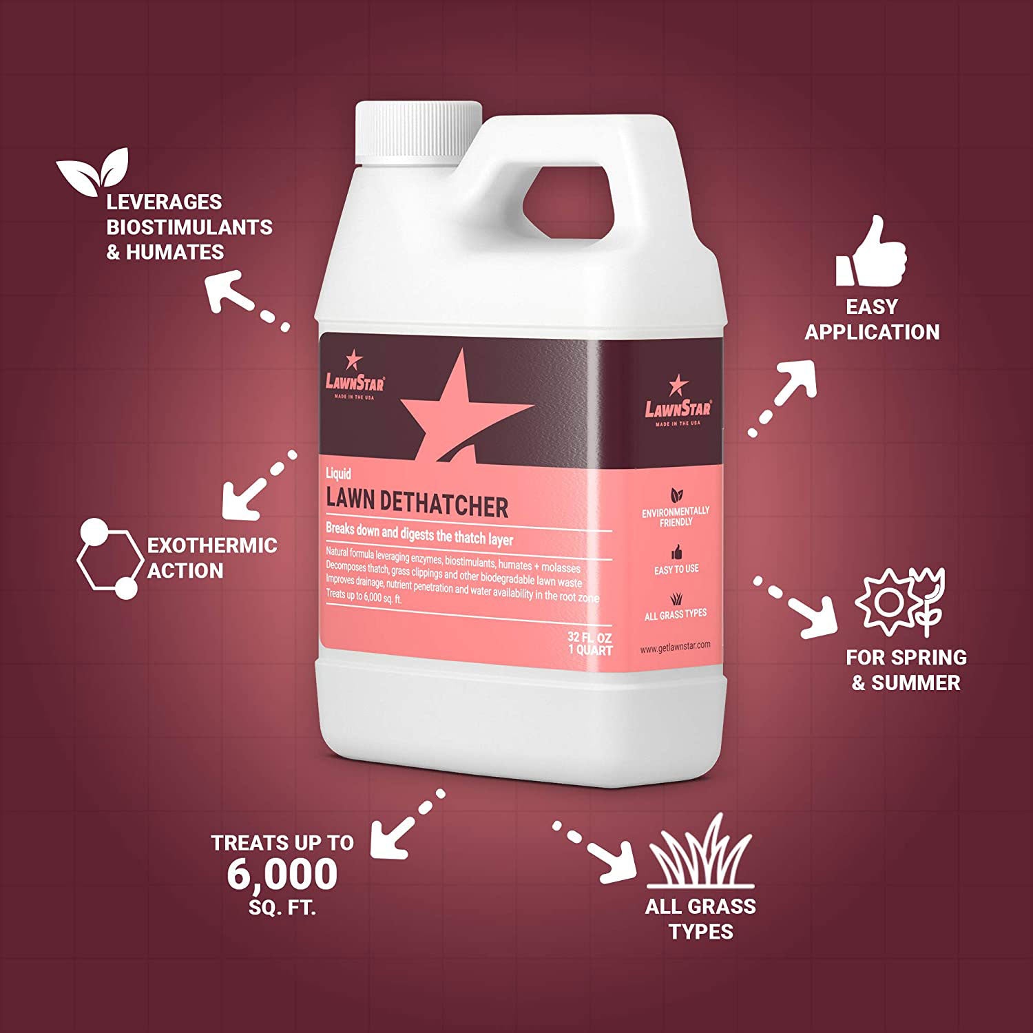 LawnStar Liquid Iron, Phosphorus Free Fertilizer, Lawn Dethatcher & Soil Aerator - VMInnovations