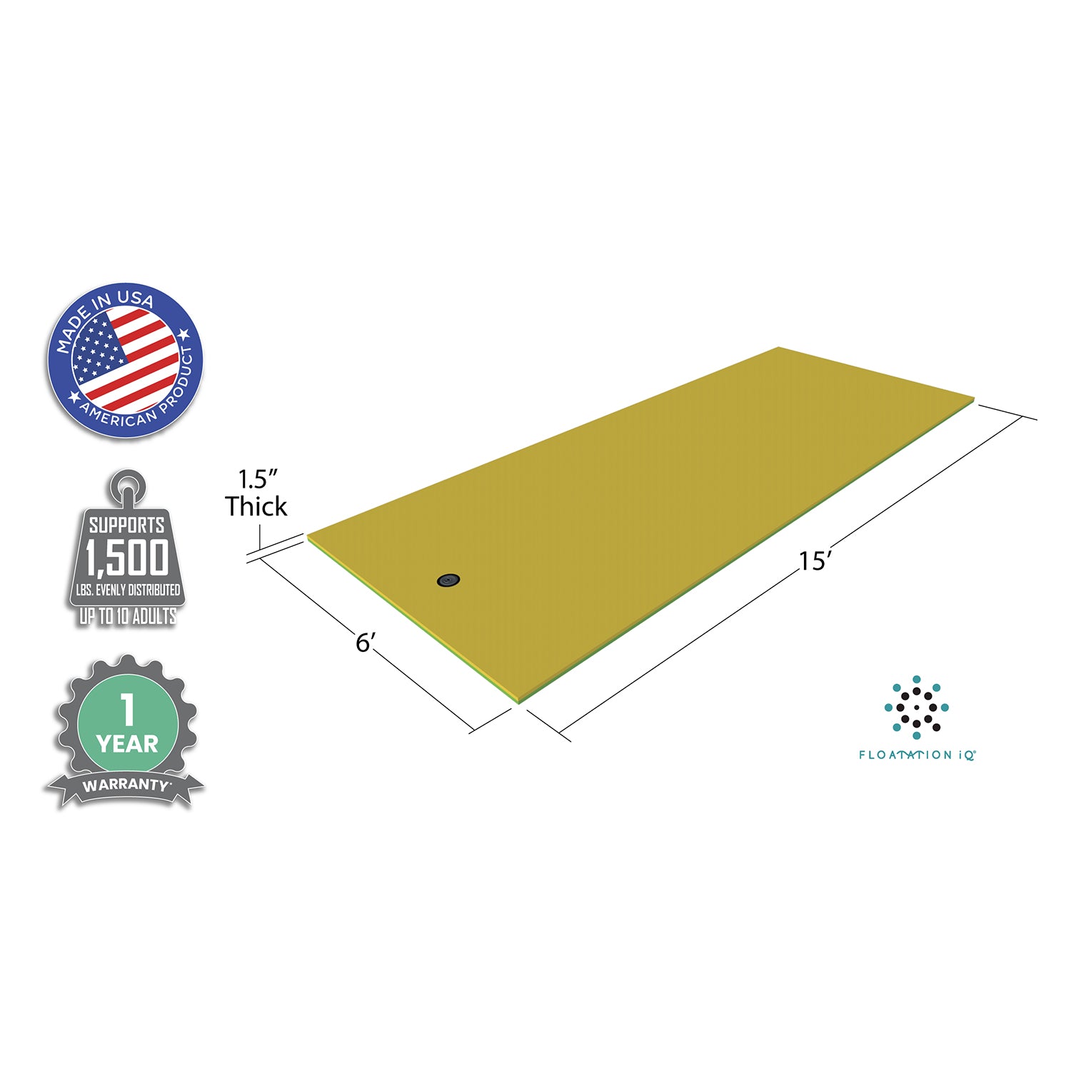 Floatation iQ Floating Oasis 15 x 6 Foot Island Water Lake Pad Mat, Green Yellow