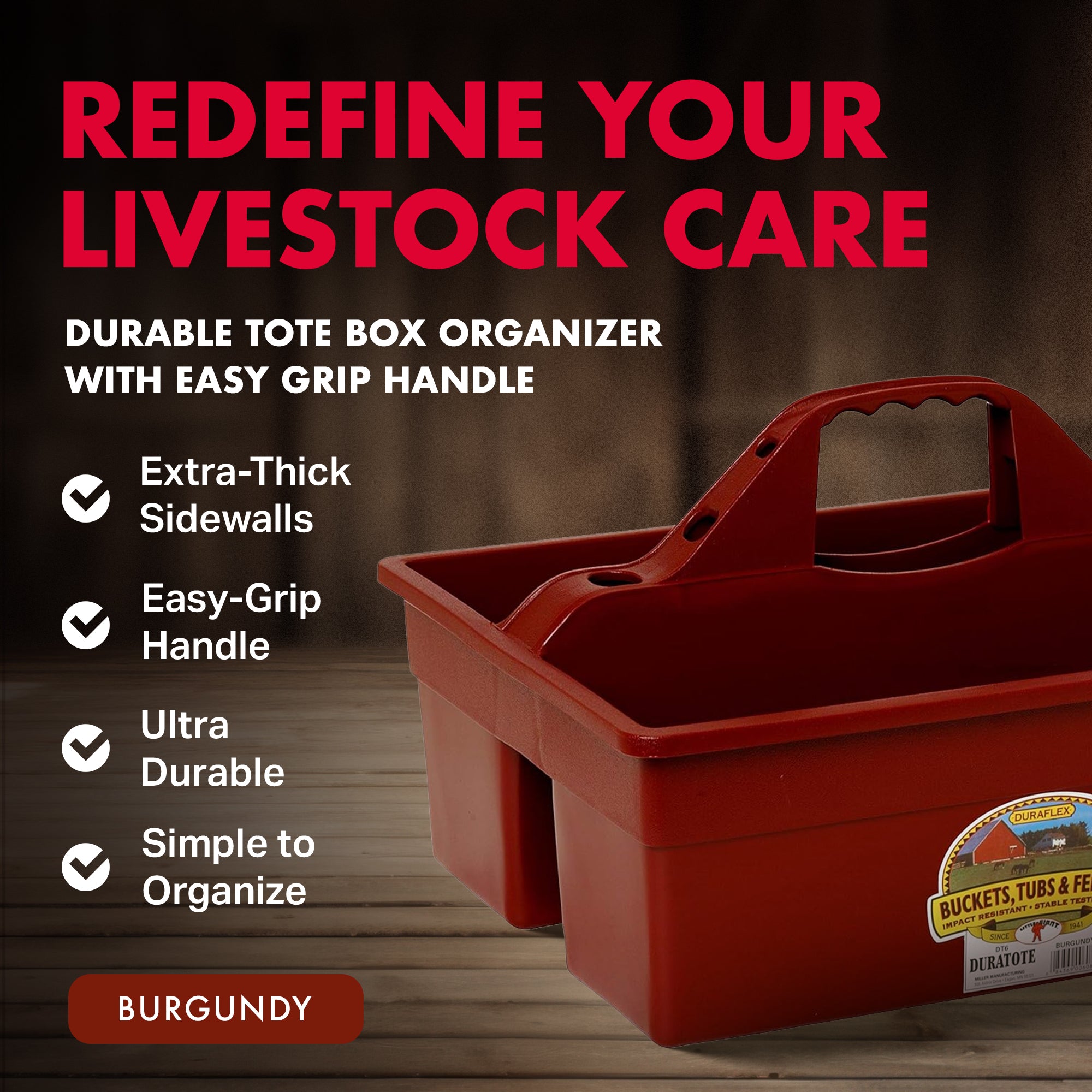 Little Giant DuraTote Plastic Box Organizer w/2 Compartments & Handle, Burgundy
