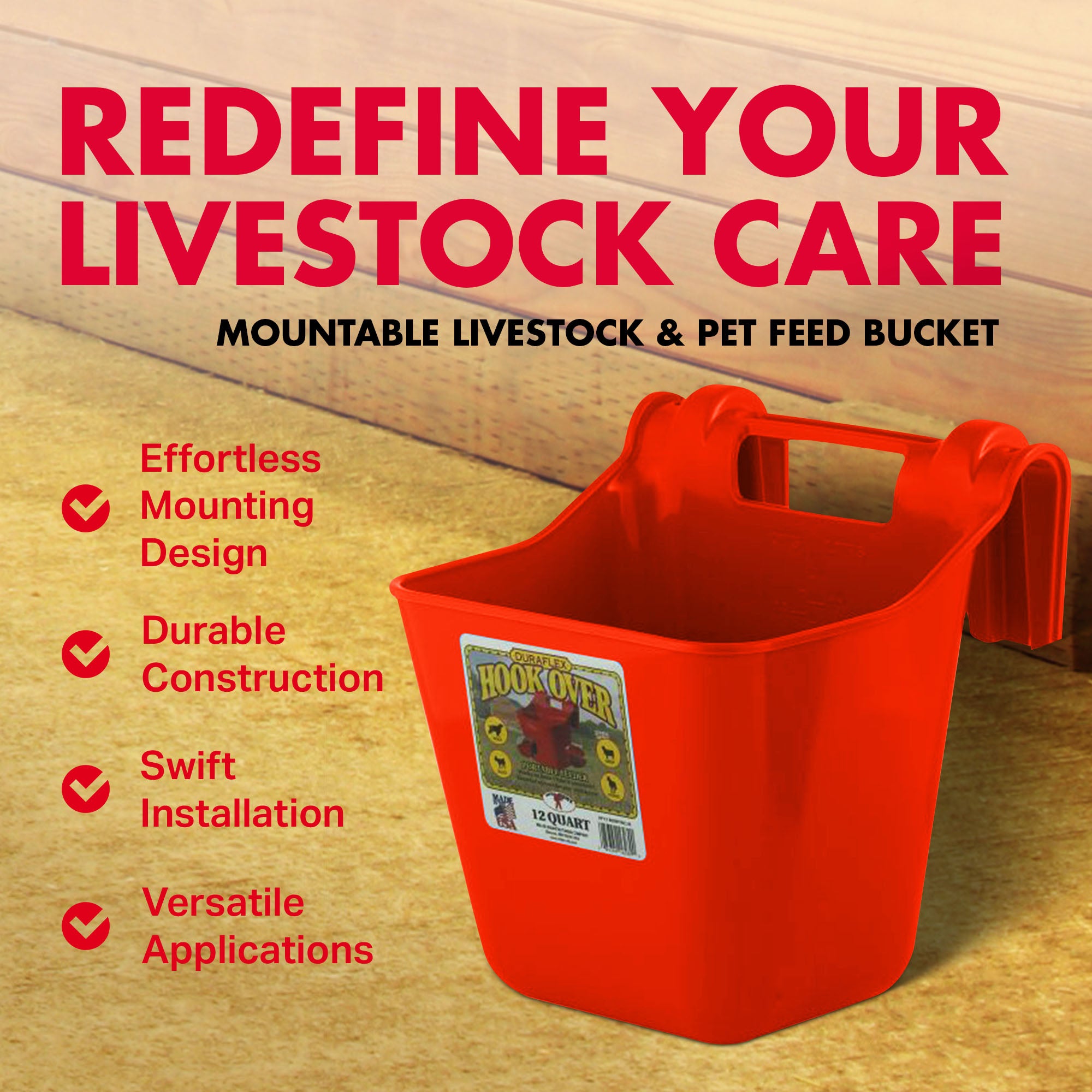 Little Giant 12 Quart Mountable Livestock & Pet Hook Over Bucket Feeder, Red - VMInnovations