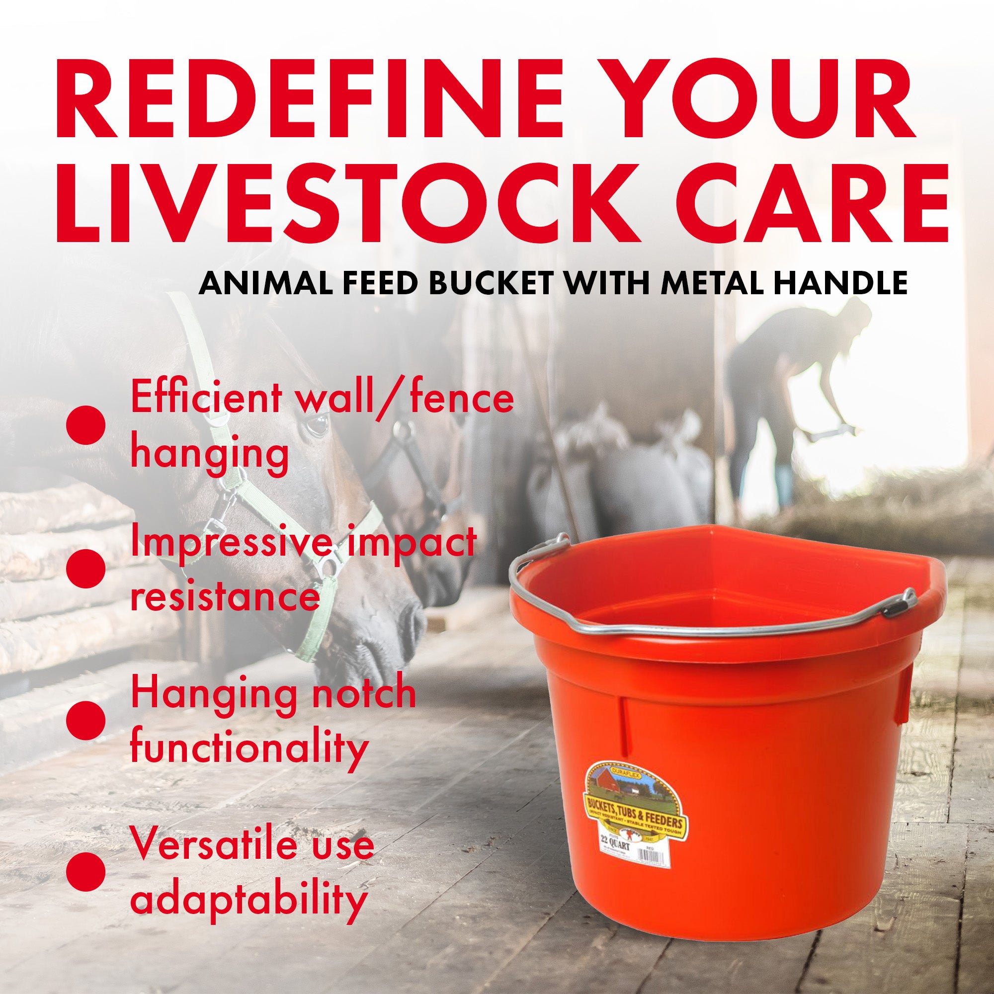 Little Giant Heavy Duty 22 Quart Flat Back Plastic Bucket w/ Metal Handle, Red - VMInnovations