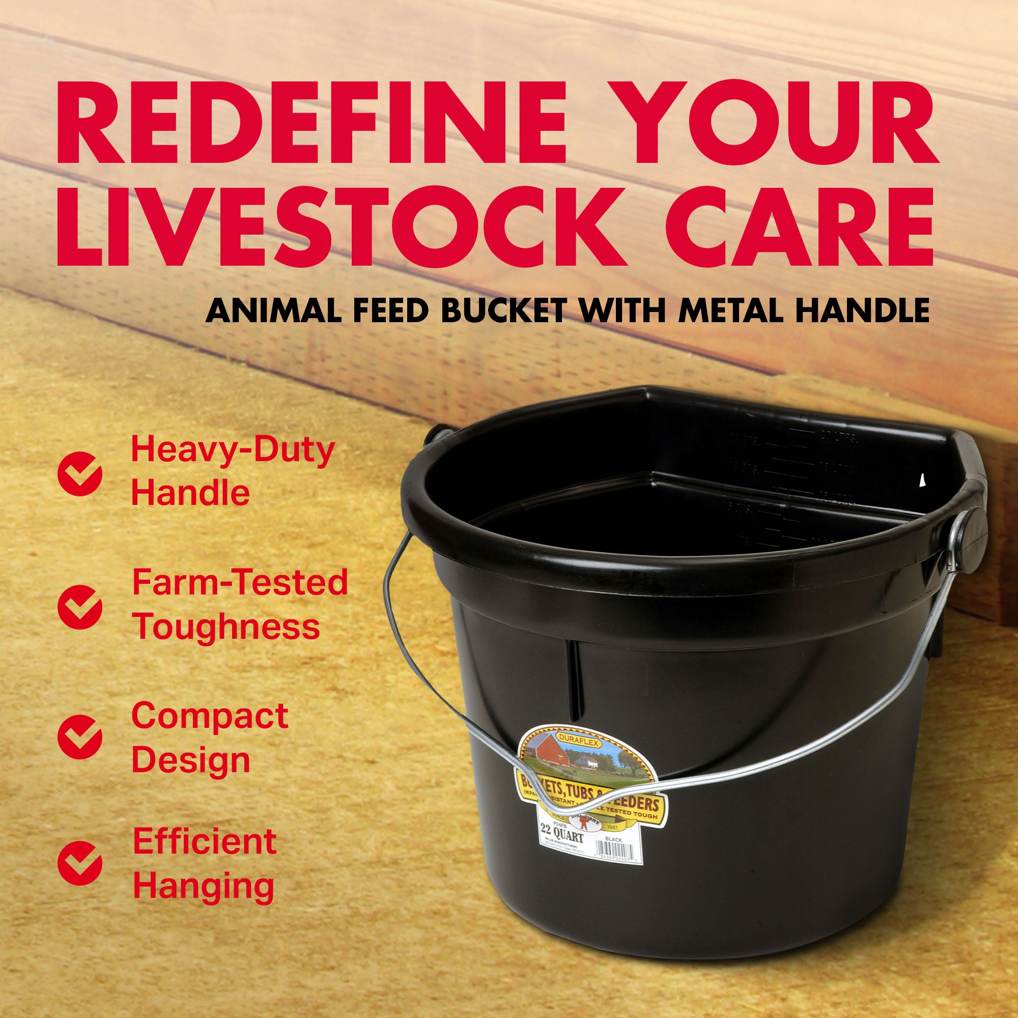 Little Giant 22 Quart Flat Plastic Animal Feed Bucket with Knob Bail, Black - VMInnovations