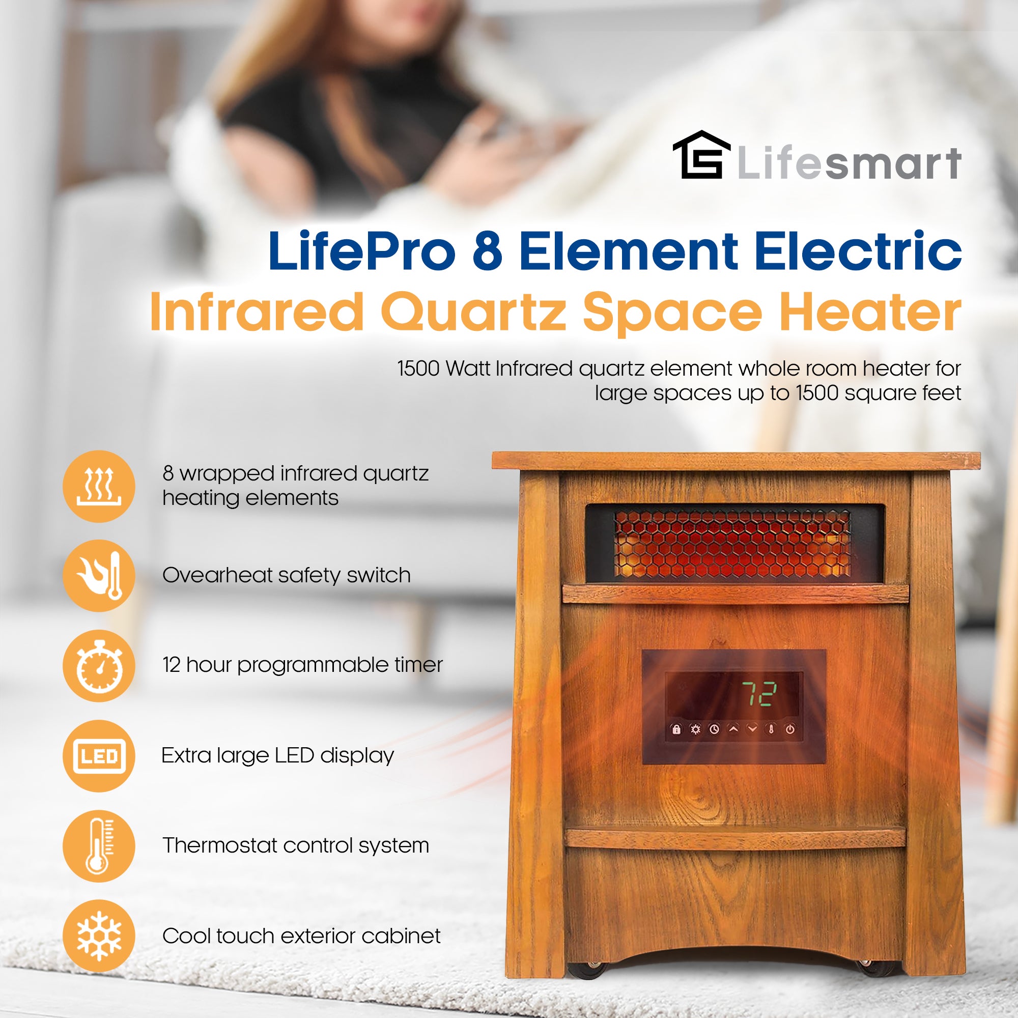 LifeSmart LifePro 8 Element 1500W Electric Infrared Quartz Indoor Space Heater - VMInnovations