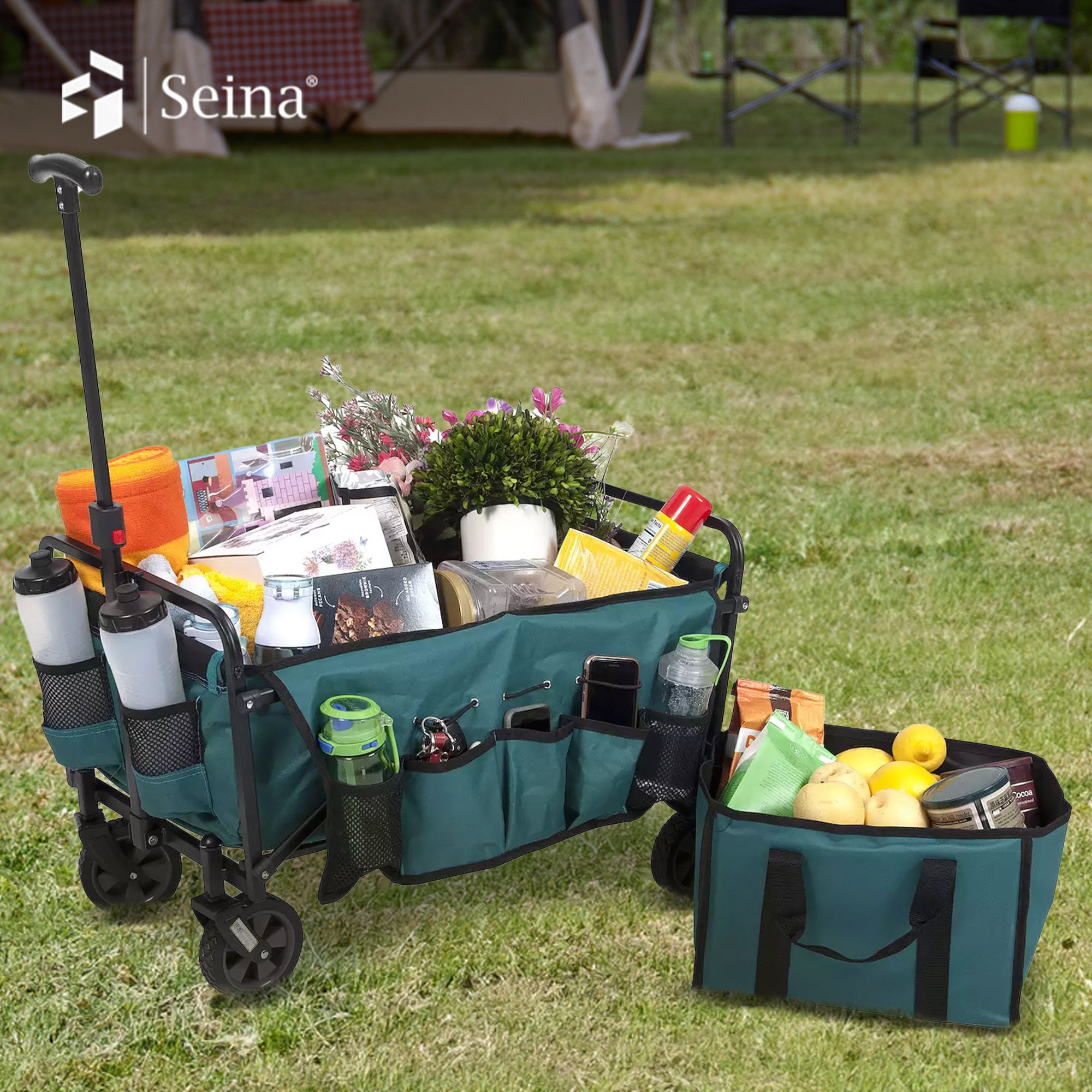 Seina All in One Foldable Garden Wagon with Mulch & Soil Dumper Included, Green - VMInnovations