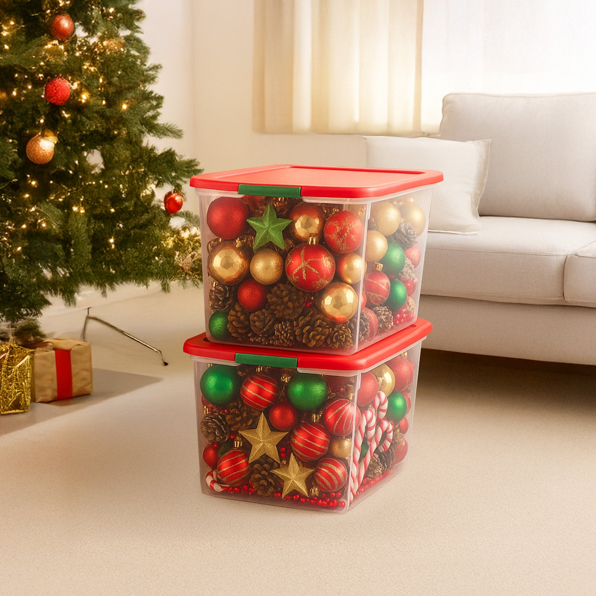 Homz 64Qt Secure Latch Clear Plastic Storage Bin w/Red Lid, 2 Pack (Used) - VMInnovations