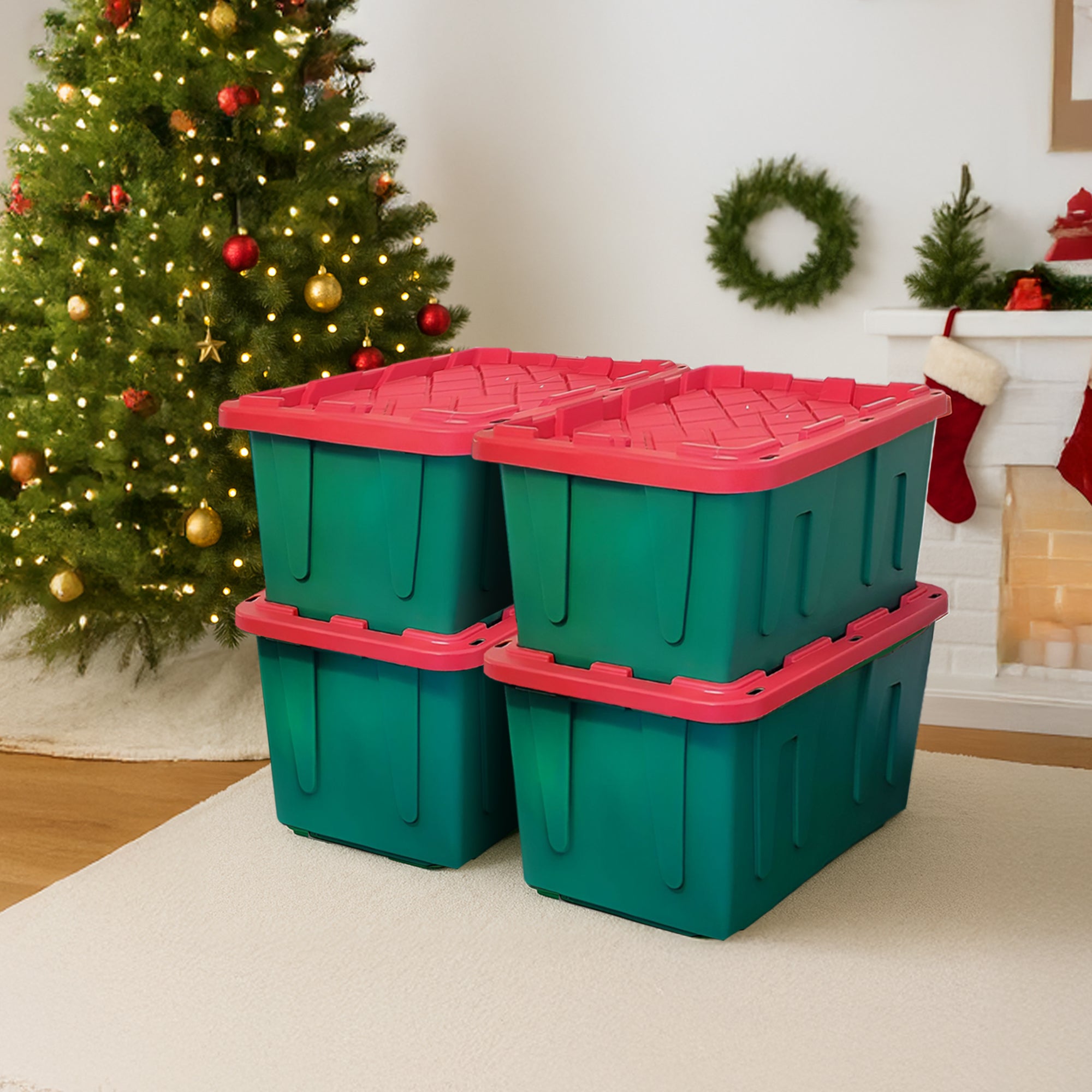 HOMZ Durable 27 Gallon Heavy Duty Holiday Storage Tote, Green/Red, (4 Pack) - VMInnovations