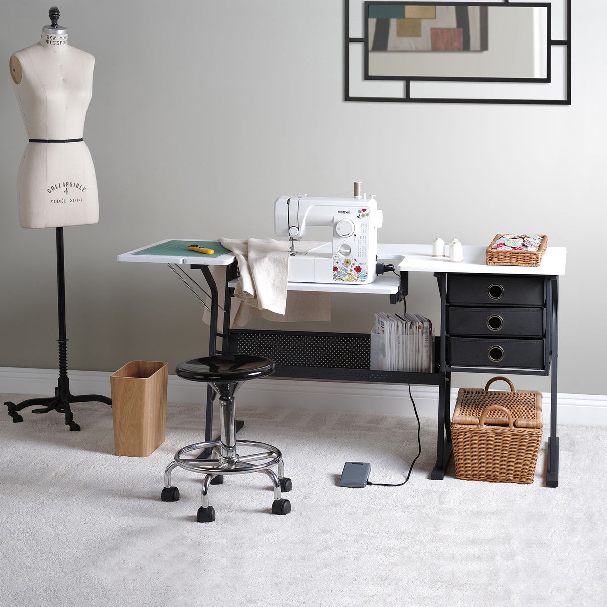 Sew Ready Eclipse Hobby Sewing Table with Storage Drawer and Shelves, Black