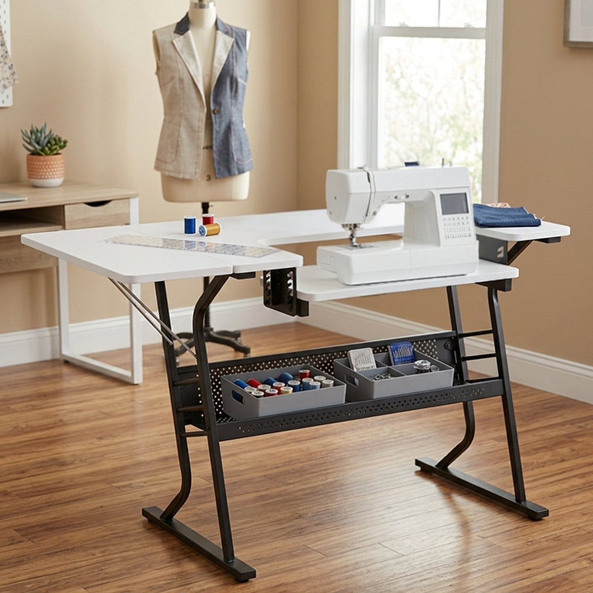 Sew Ready Eclipse Hobby Sewing Table with Storage Drawer and Shelves, Black